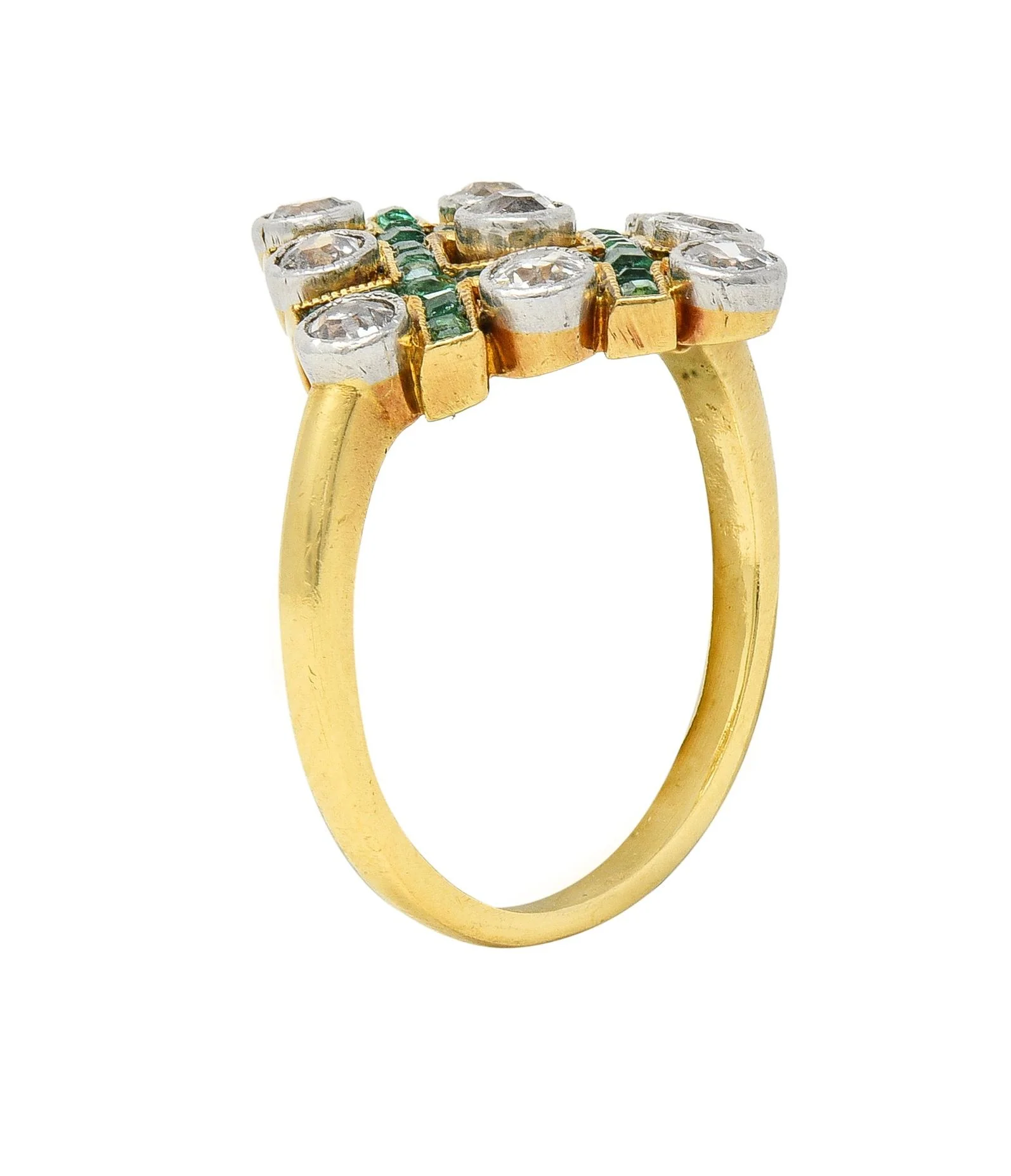 Edwardian 1.59 CTW Diamond Emerald Platinum 18 Karat Gold Antique Checkerboard Ring - Image 9