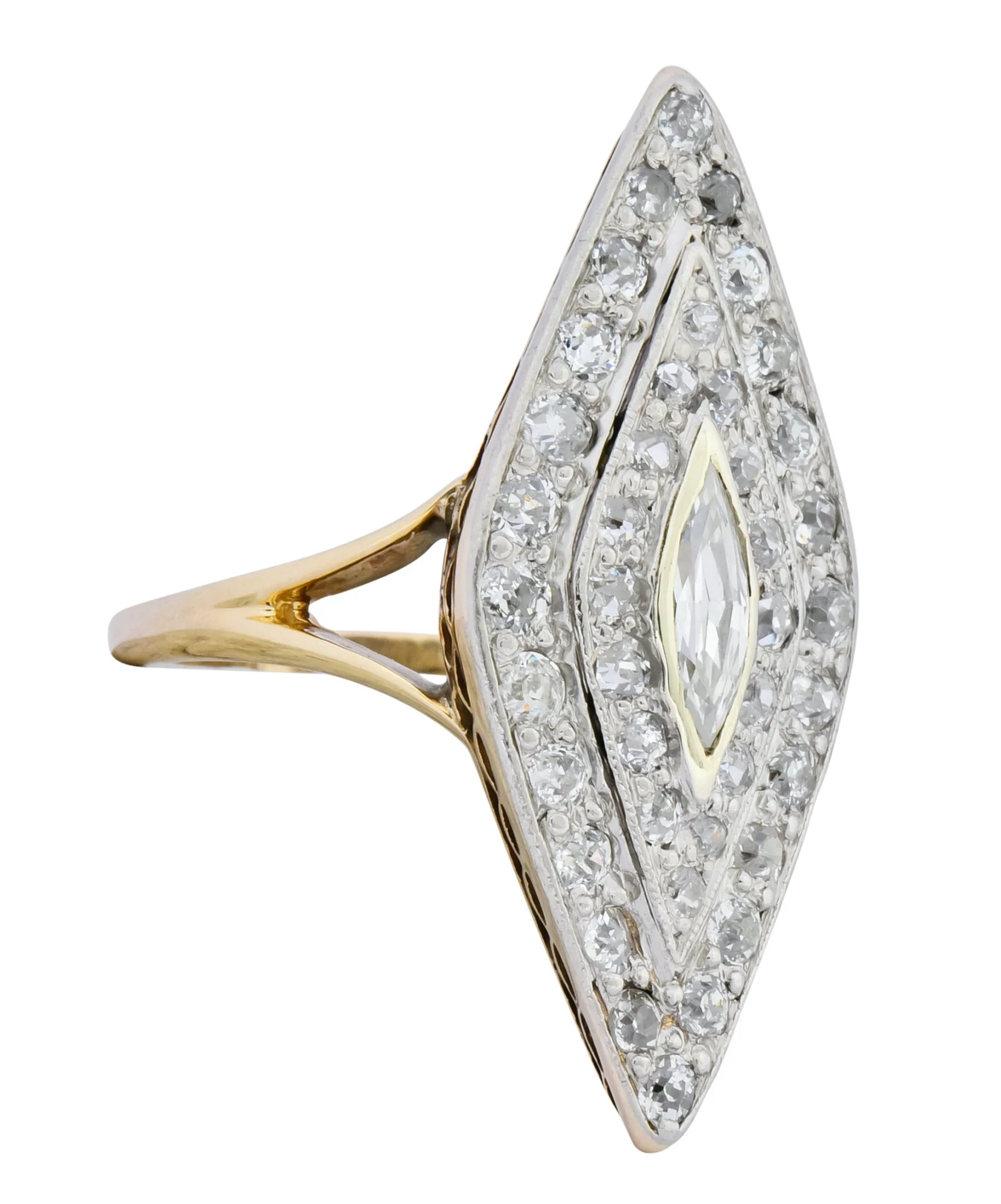 Edwardian 1.60 CTW Diamond Platinum-Topped 14 Karat Gold Navette Dinner Ring - Image 2