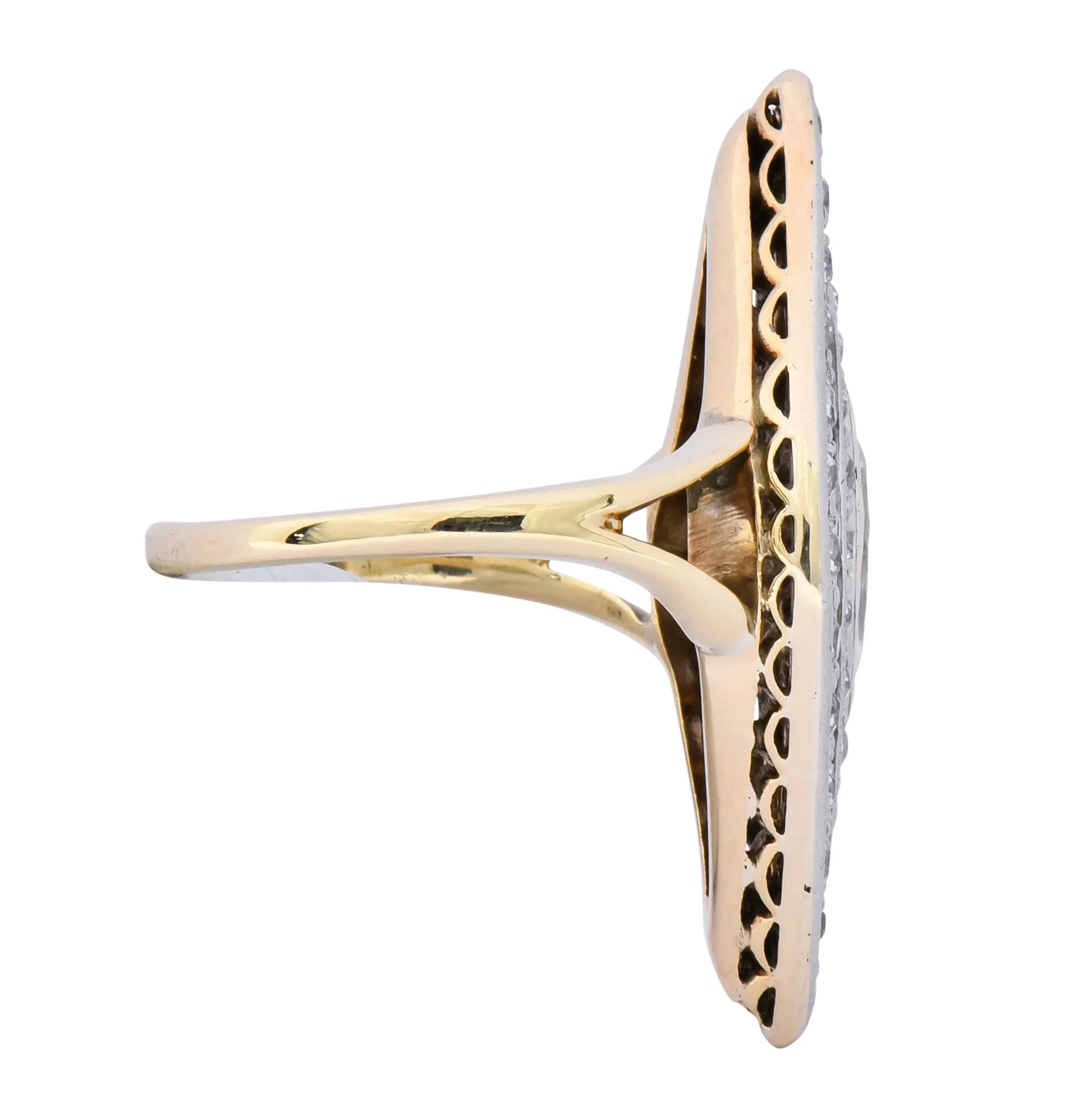 Edwardian 1.60 CTW Diamond Platinum-Topped 14 Karat Gold Navette Dinner Ring - Image 3