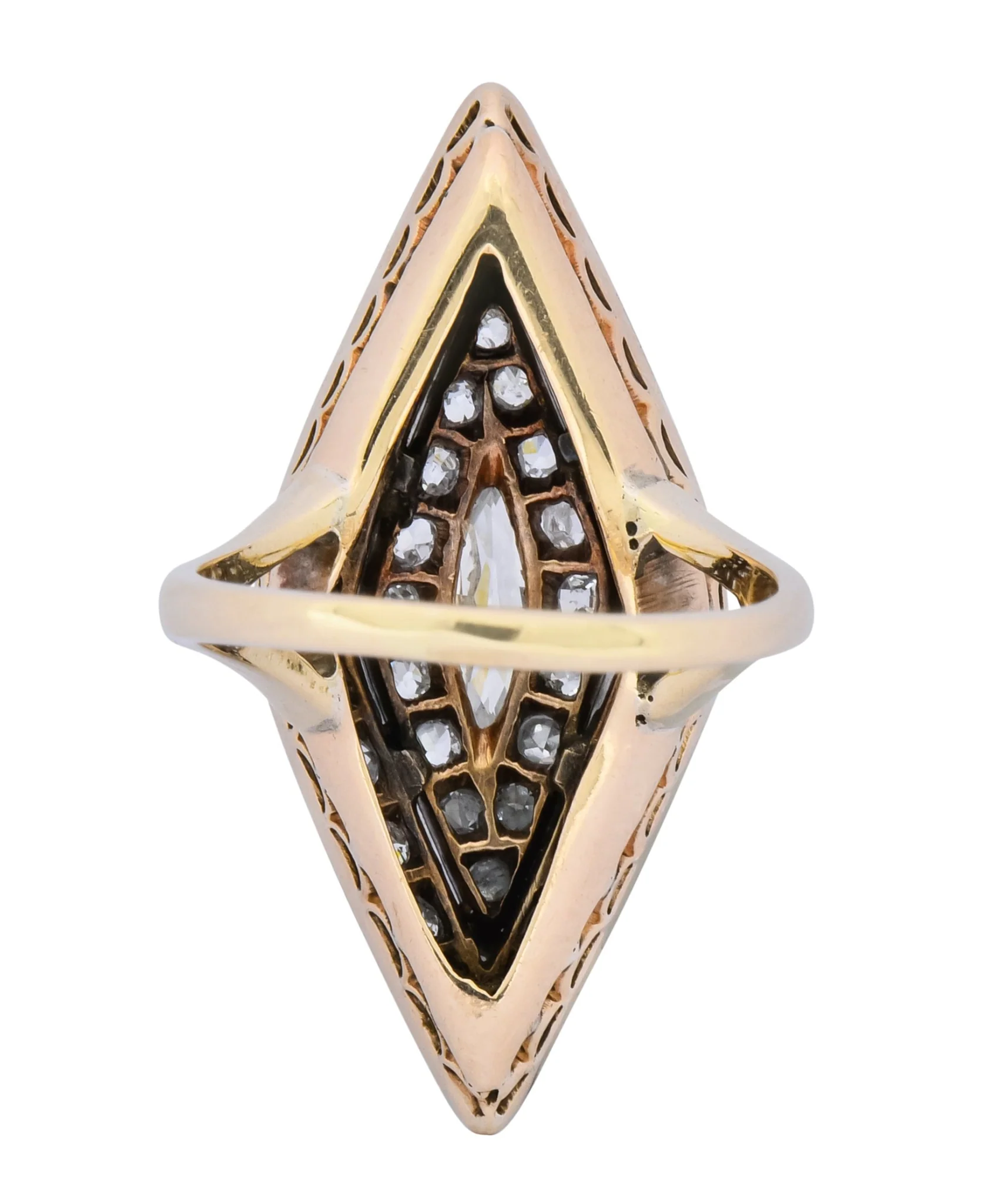 Edwardian 1.60 CTW Diamond Platinum-Topped 14 Karat Gold Navette Dinner Ring - Image 4