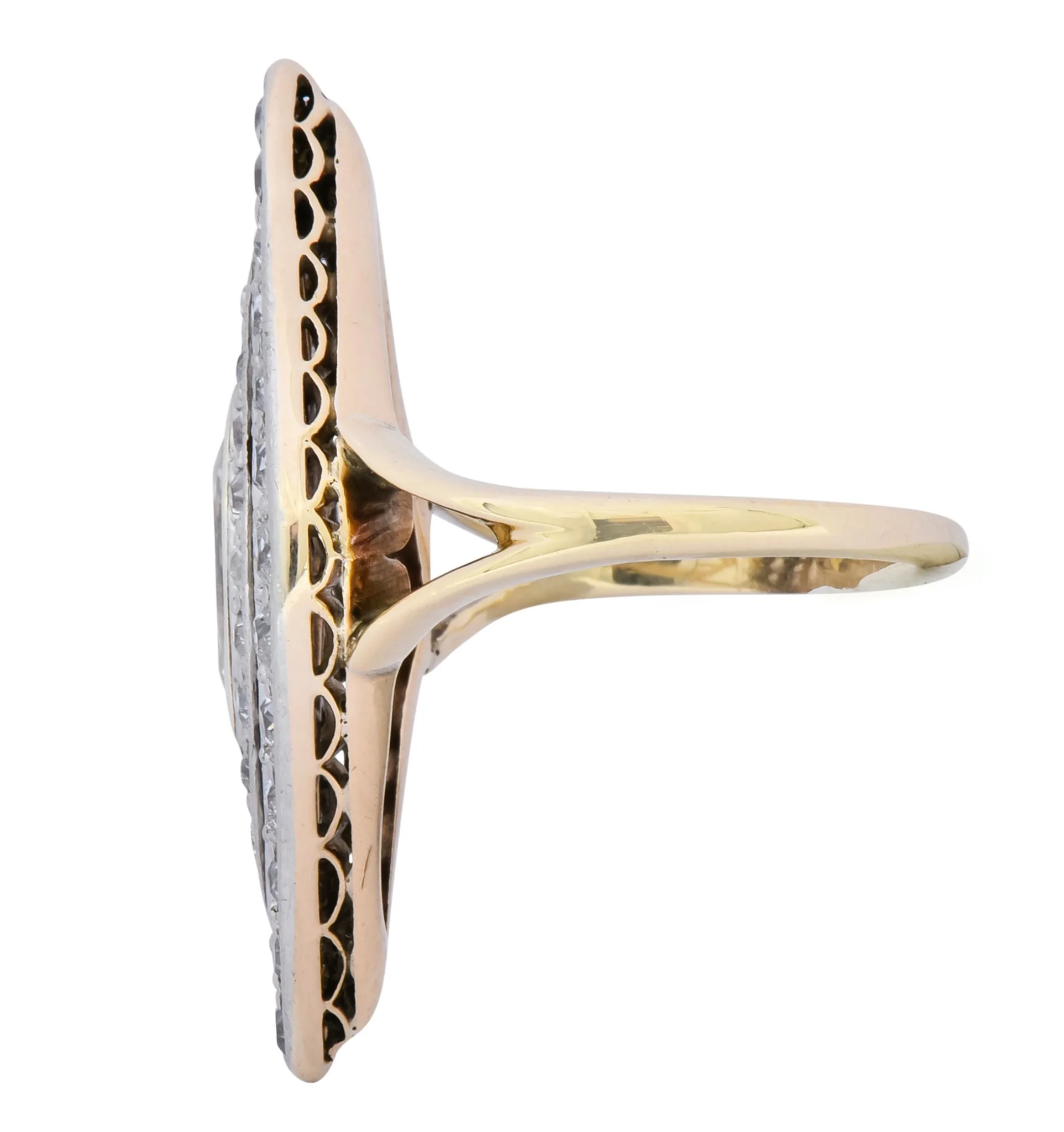 Edwardian 1.60 CTW Diamond Platinum-Topped 14 Karat Gold Navette Dinner Ring - Image 5