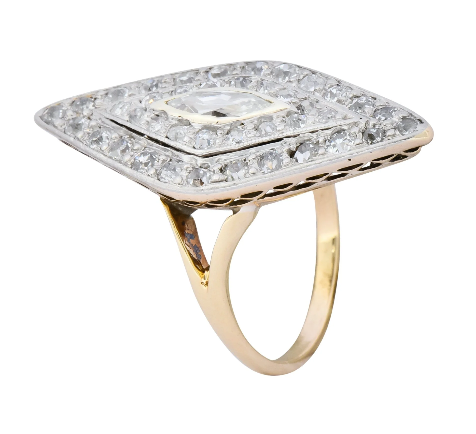 Edwardian 1.60 CTW Diamond Platinum-Topped 14 Karat Gold Navette Dinner Ring - Image 8