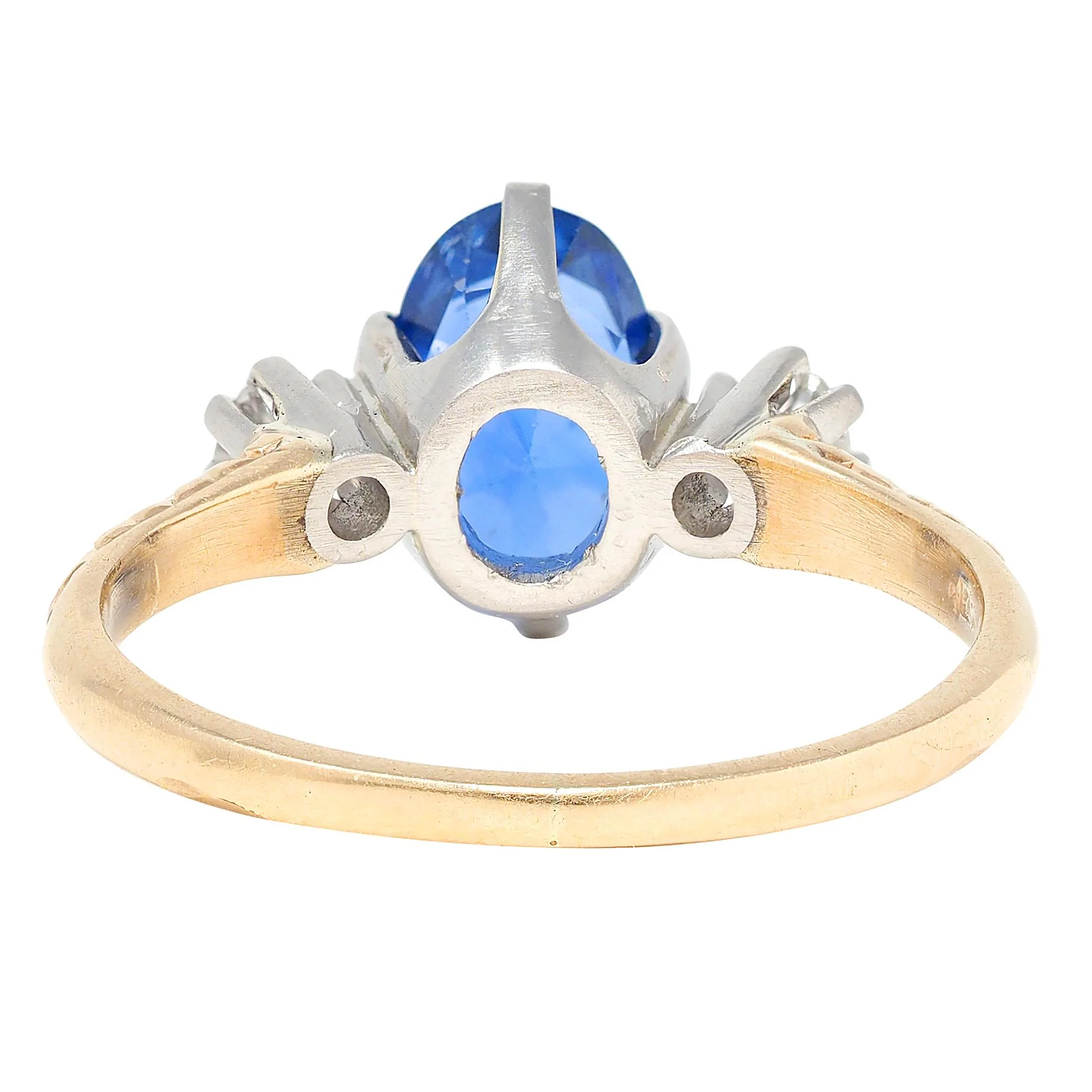 Edwardian 1.64 CTW Sapphire Diamond Platinum 14 Karat Yellow Gold Antique Three Stone Ring - Image 3