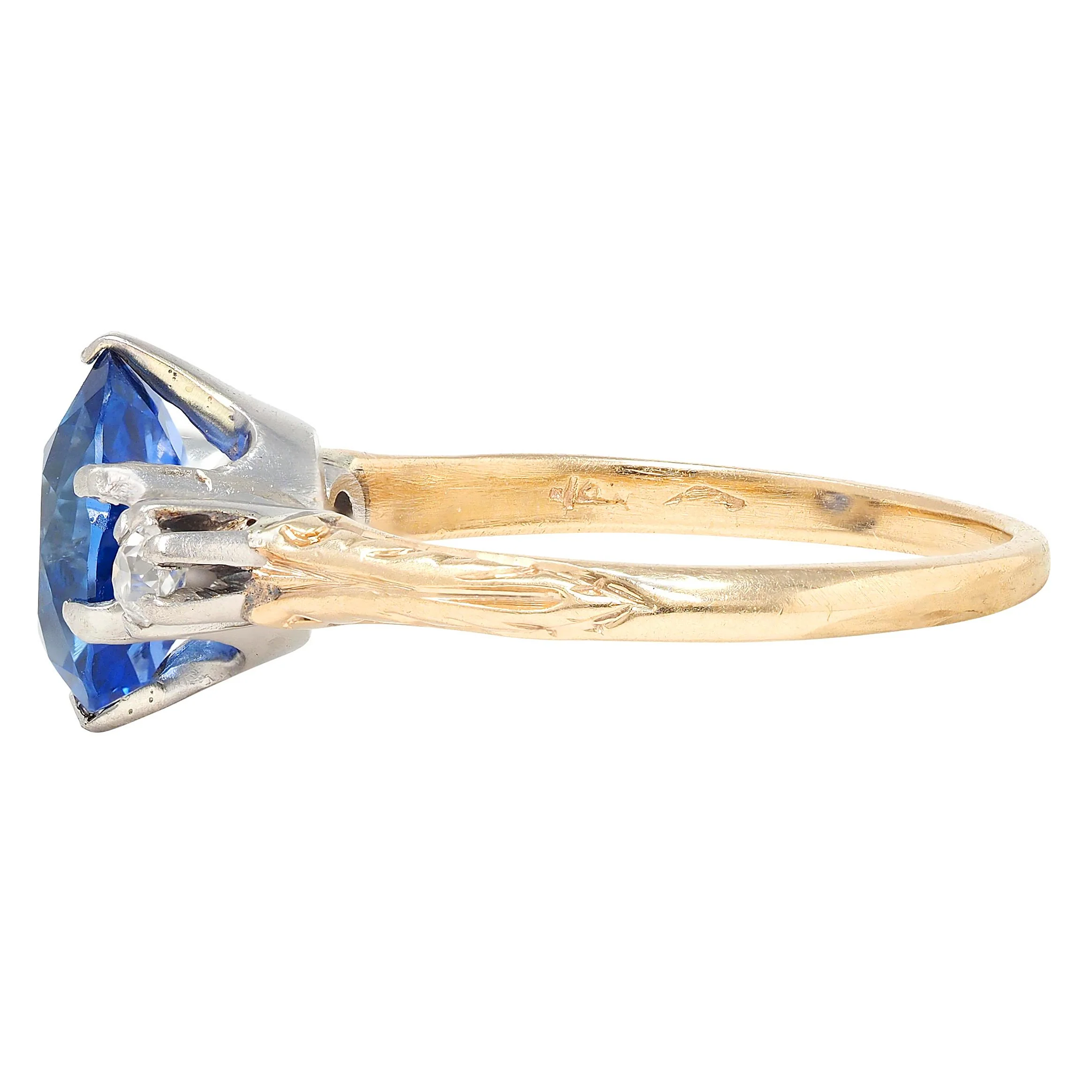 Edwardian 1.64 CTW Sapphire Diamond Platinum 14 Karat Yellow Gold Antique Three Stone Ring - Image 4