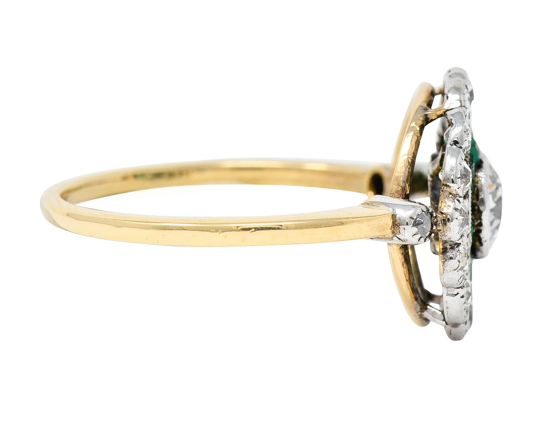 Edwardian 1.74 CTW Old European Cut Diamond Emerald Platinum-Topped 18 Karat Yellow Gold Antique Double Halo Ring - Image 3