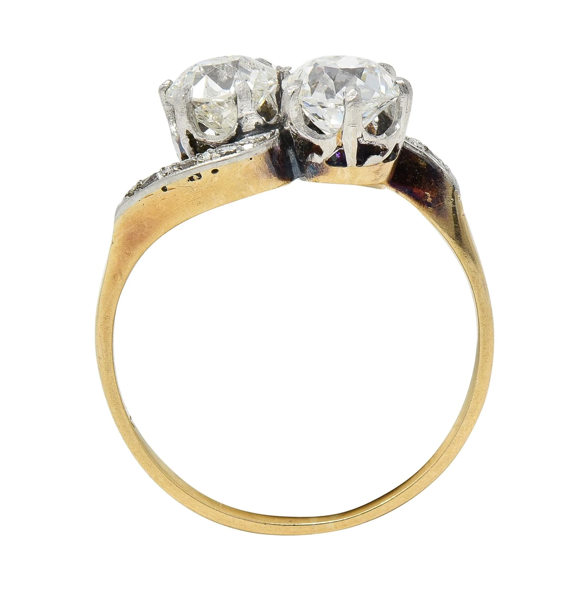 Edwardian 1.74 CTW Old Mine Cut Diamond Platinum 18 Karat Yellow Gold Ring - Image 9