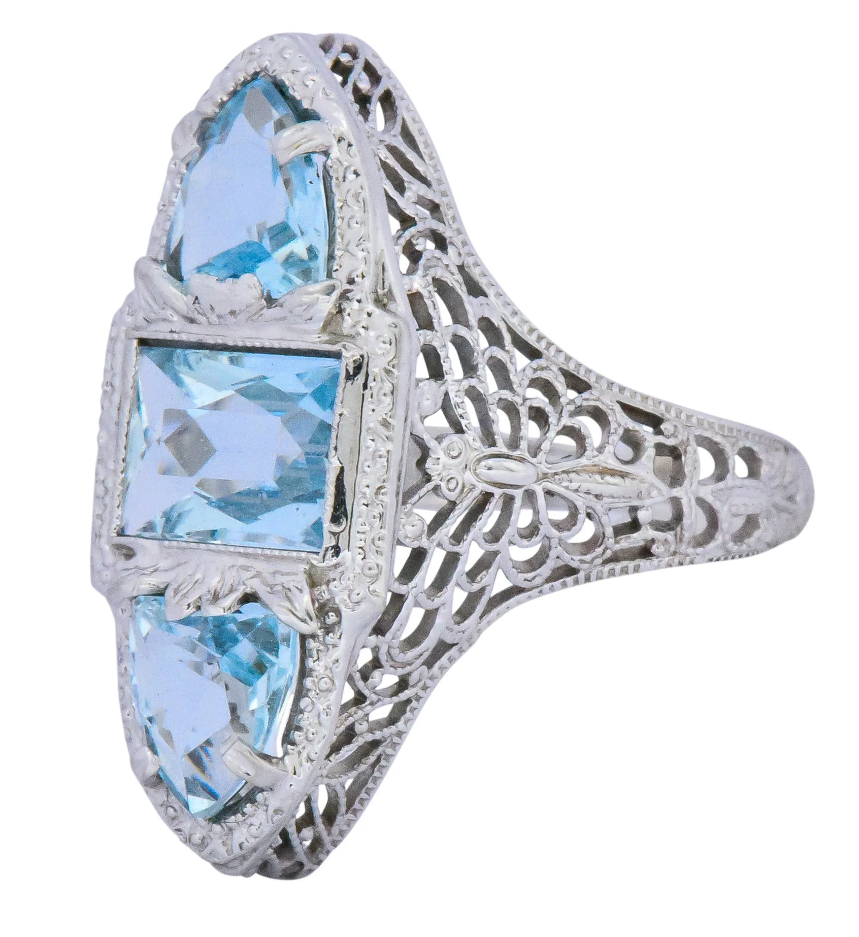 Edwardian 1.75 CTW Aquamarine Dragonfly 14 Karat White Gold Cocktail Ring - Image 2