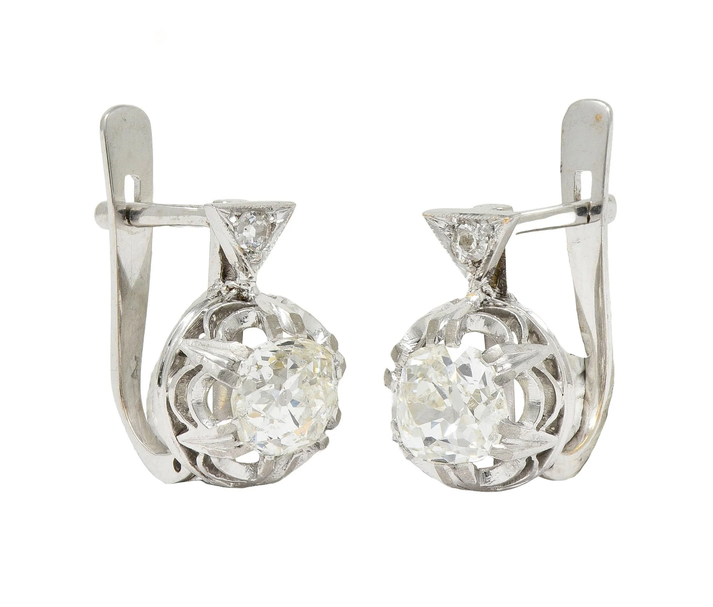 Edwardian 1.75 CTW Old Mine Diamond Platinum 18 Karat Gold Antique Huggie Earrings - Image 8