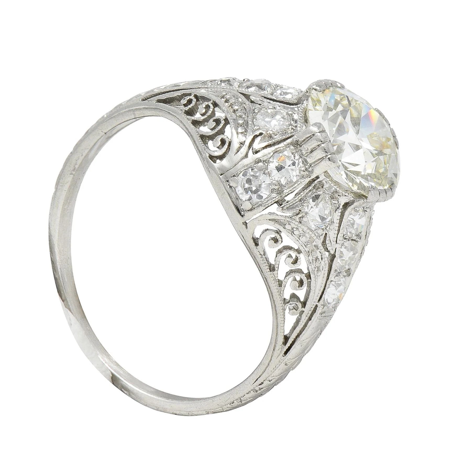 Edwardian 1.77 CTW Old European Cut Diamond Platinum Bombay Engagement Ring - Image 11