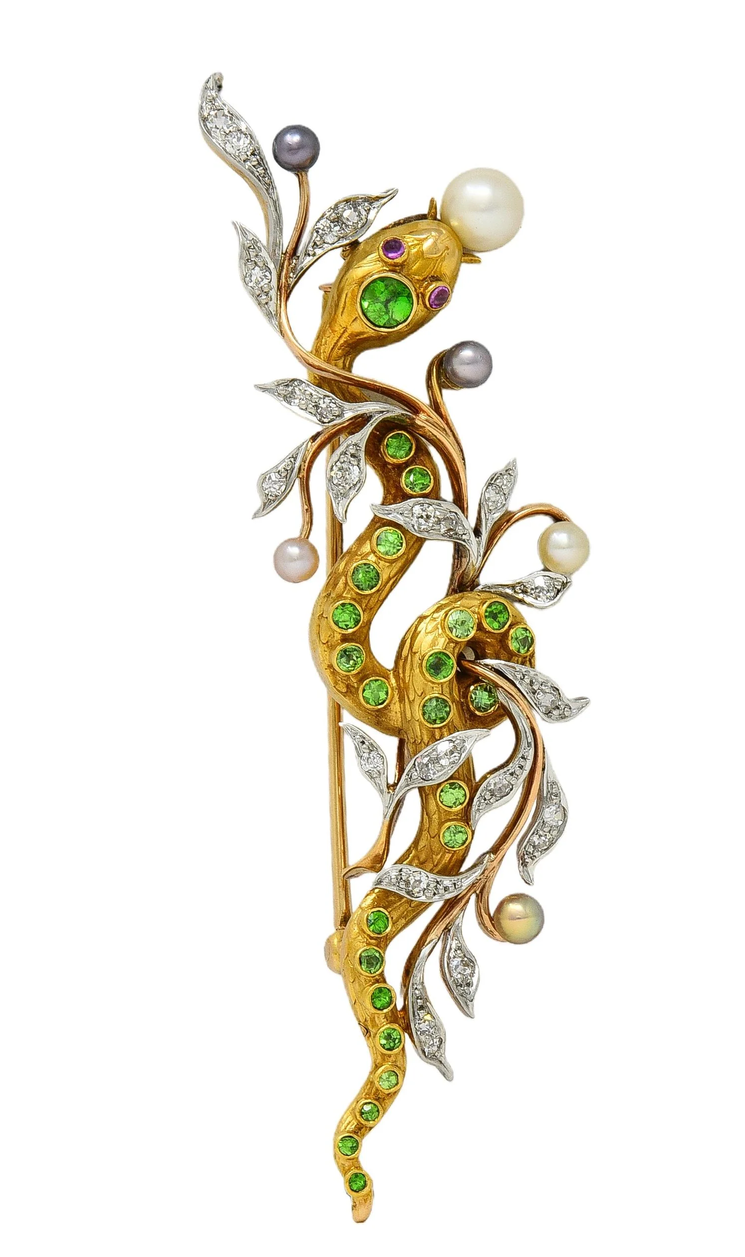 Edwardian Diamond Demantoid Garnet Pearl Platinum 14 Karat Gold Antique Snake Brooch