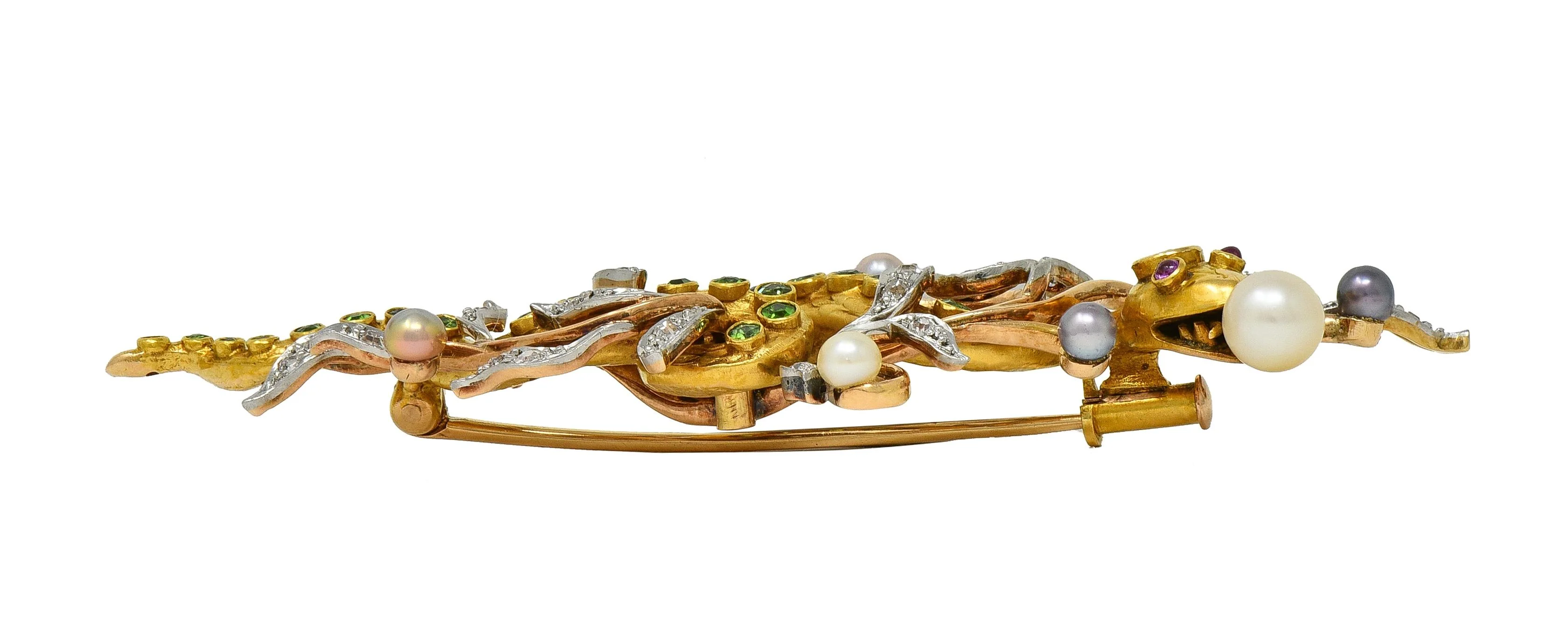 Edwardian Diamond Demantoid Garnet Pearl Platinum 14 Karat Gold Antique Snake Brooch - Image 11