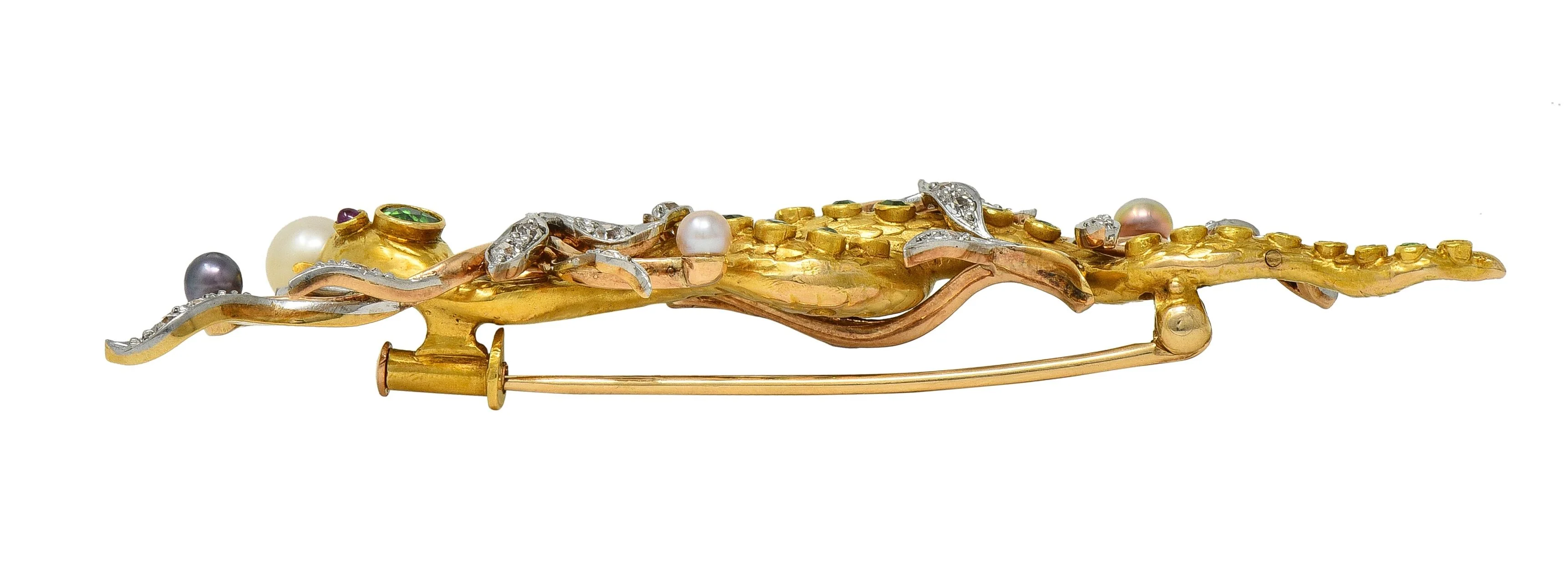 Edwardian Diamond Demantoid Garnet Pearl Platinum 14 Karat Gold Antique Snake Brooch - Image 12