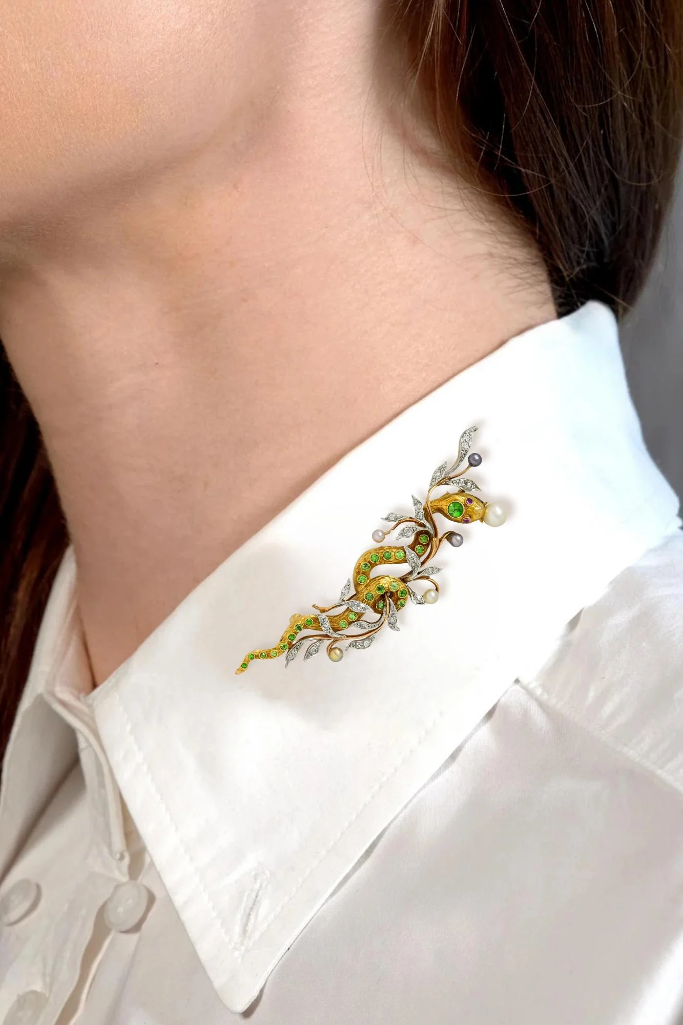 Edwardian Diamond Demantoid Garnet Pearl Platinum 14 Karat Gold Antique Snake Brooch - Image 2