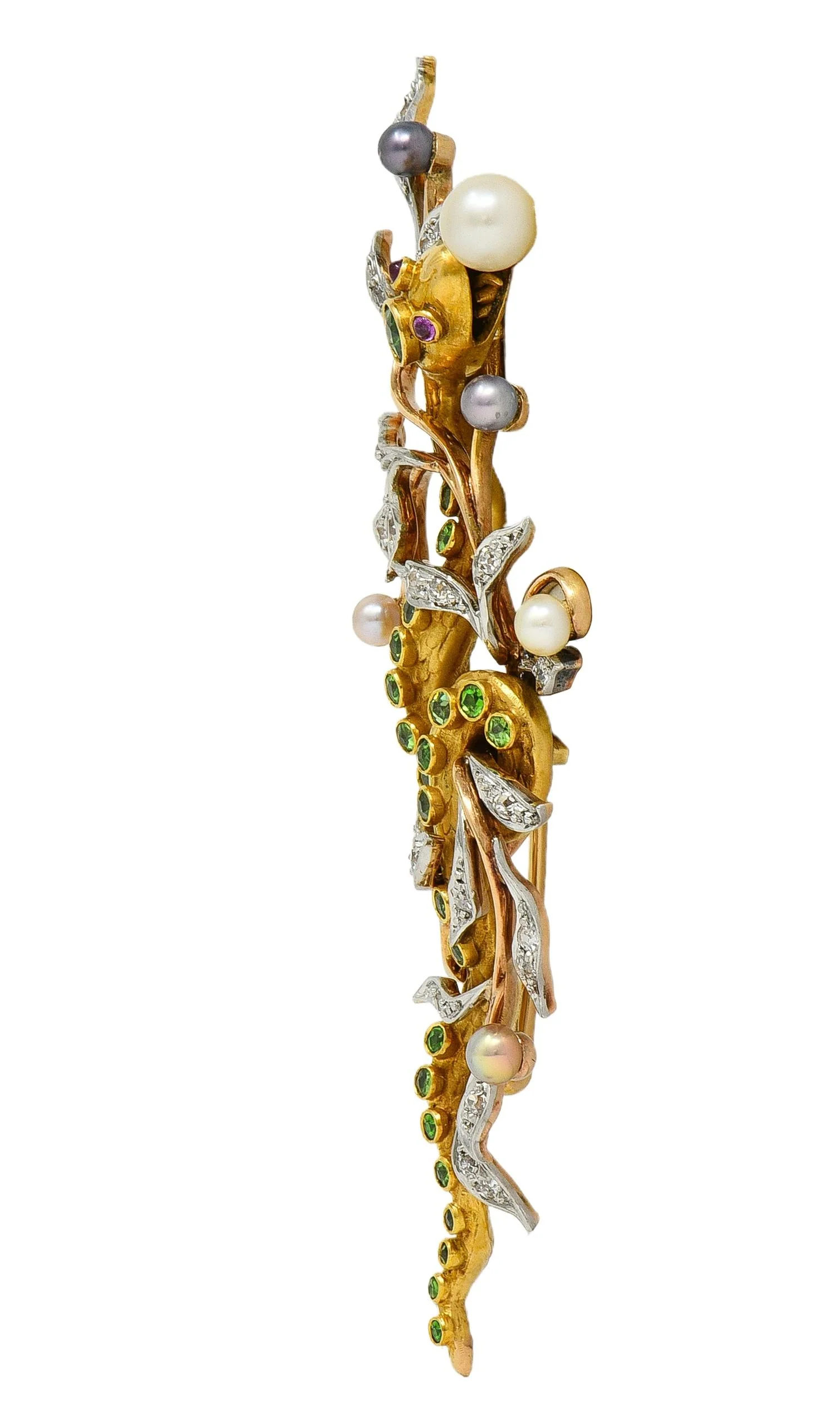 Edwardian Diamond Demantoid Garnet Pearl Platinum 14 Karat Gold Antique Snake Brooch - Image 3