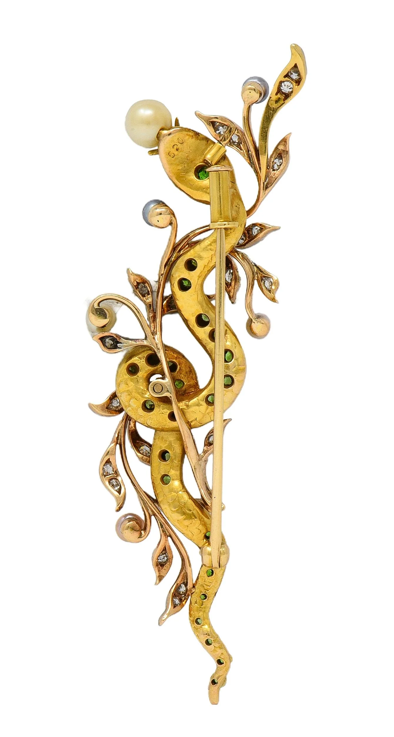 Edwardian Diamond Demantoid Garnet Pearl Platinum 14 Karat Gold Antique Snake Brooch - Image 4