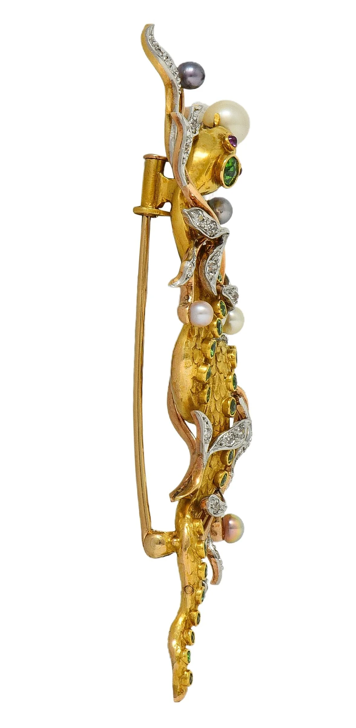 Edwardian Diamond Demantoid Garnet Pearl Platinum 14 Karat Gold Antique Snake Brooch - Image 5