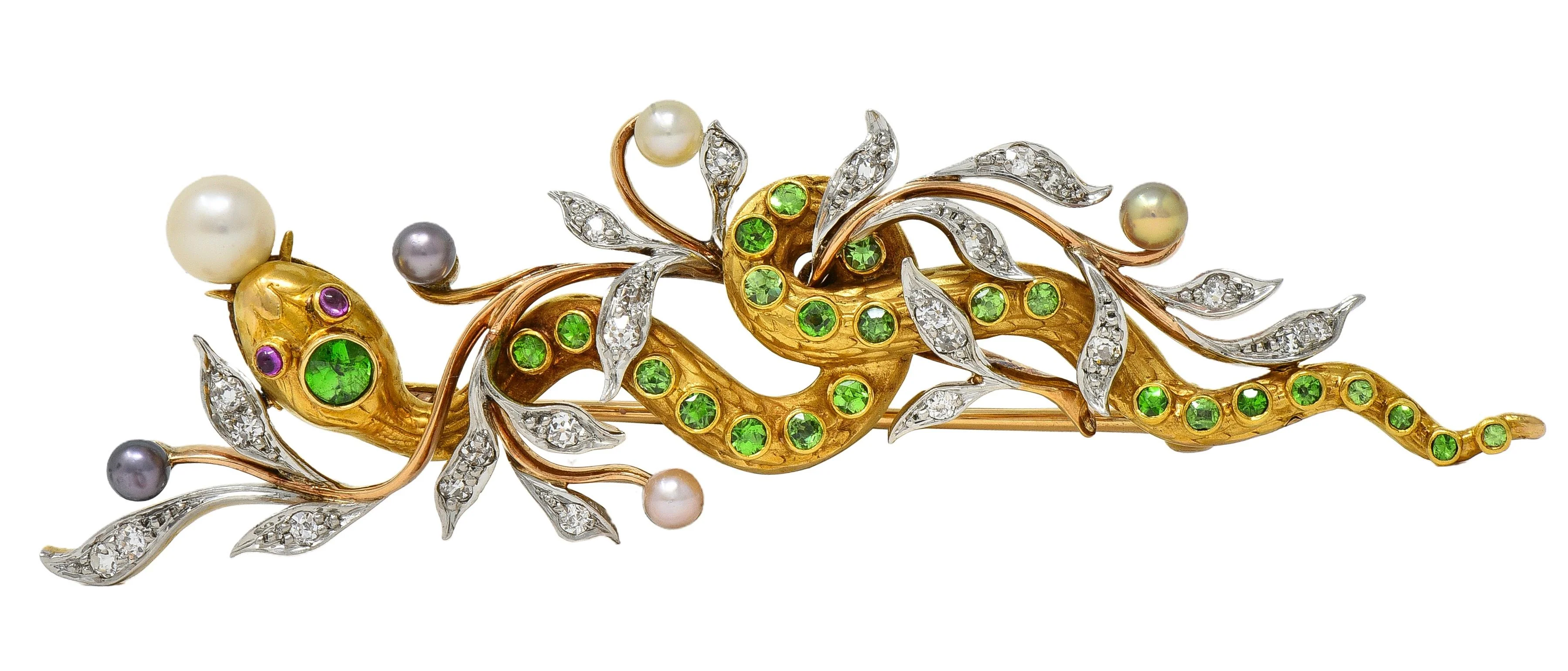 Edwardian Diamond Demantoid Garnet Pearl Platinum 14 Karat Gold Antique Snake Brooch - Image 6