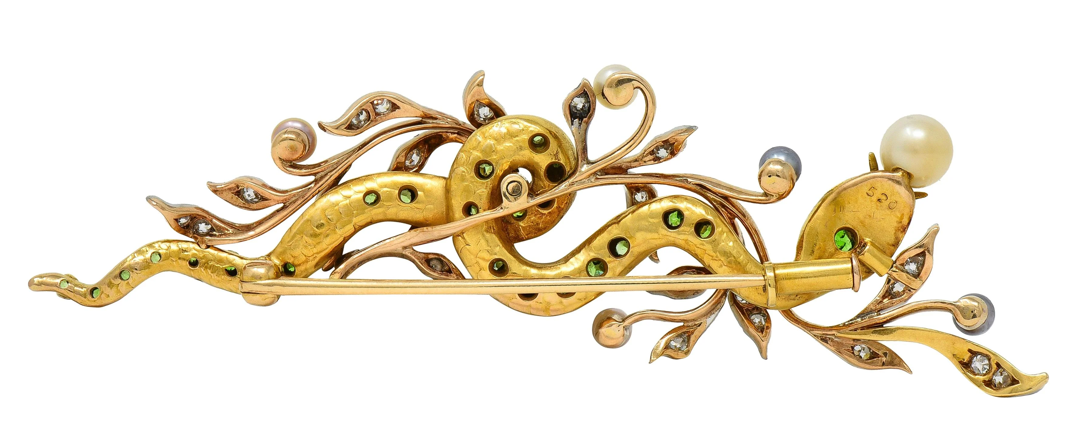 Edwardian Diamond Demantoid Garnet Pearl Platinum 14 Karat Gold Antique Snake Brooch - Image 7