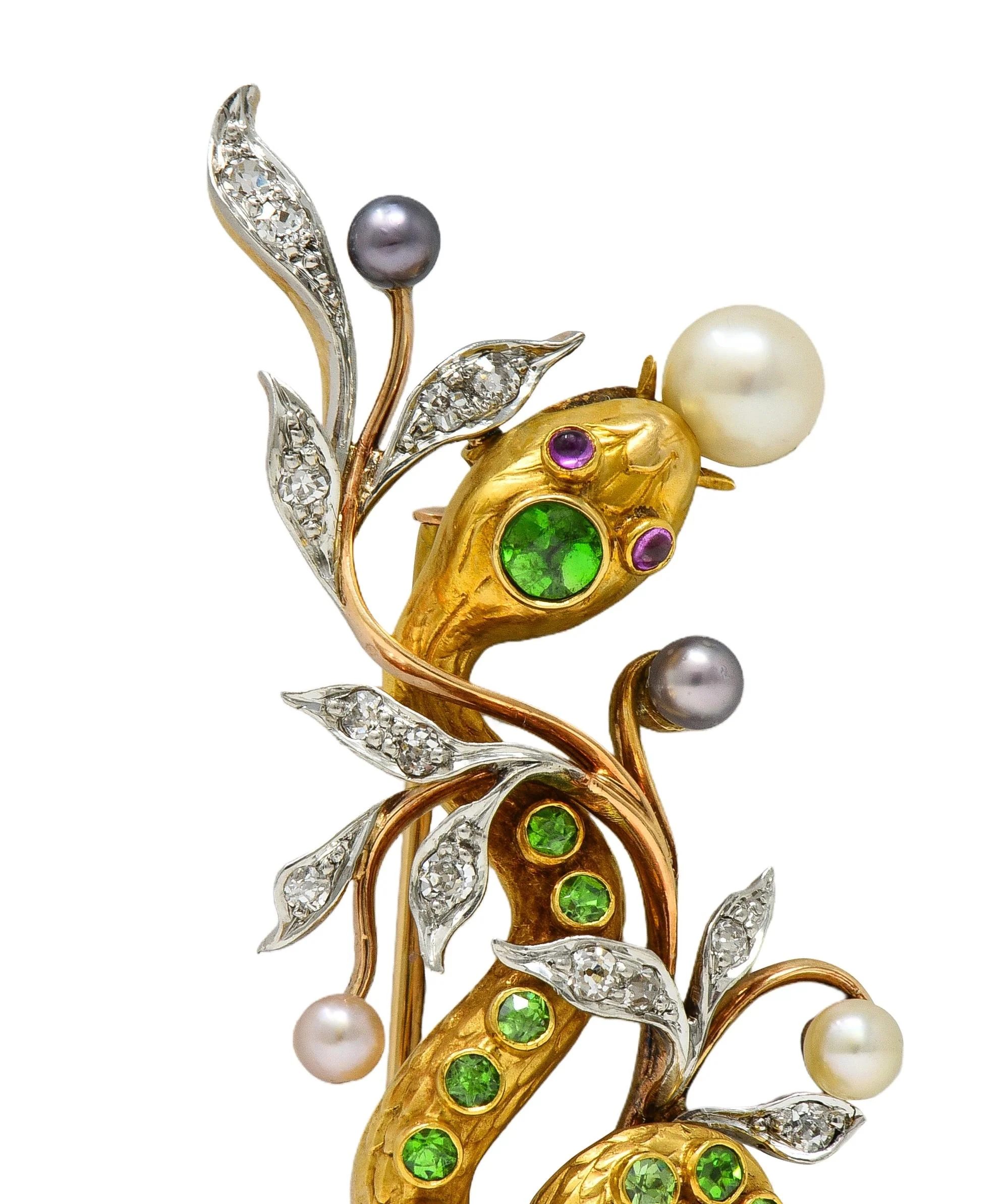 Edwardian Diamond Demantoid Garnet Pearl Platinum 14 Karat Gold Antique Snake Brooch - Image 8