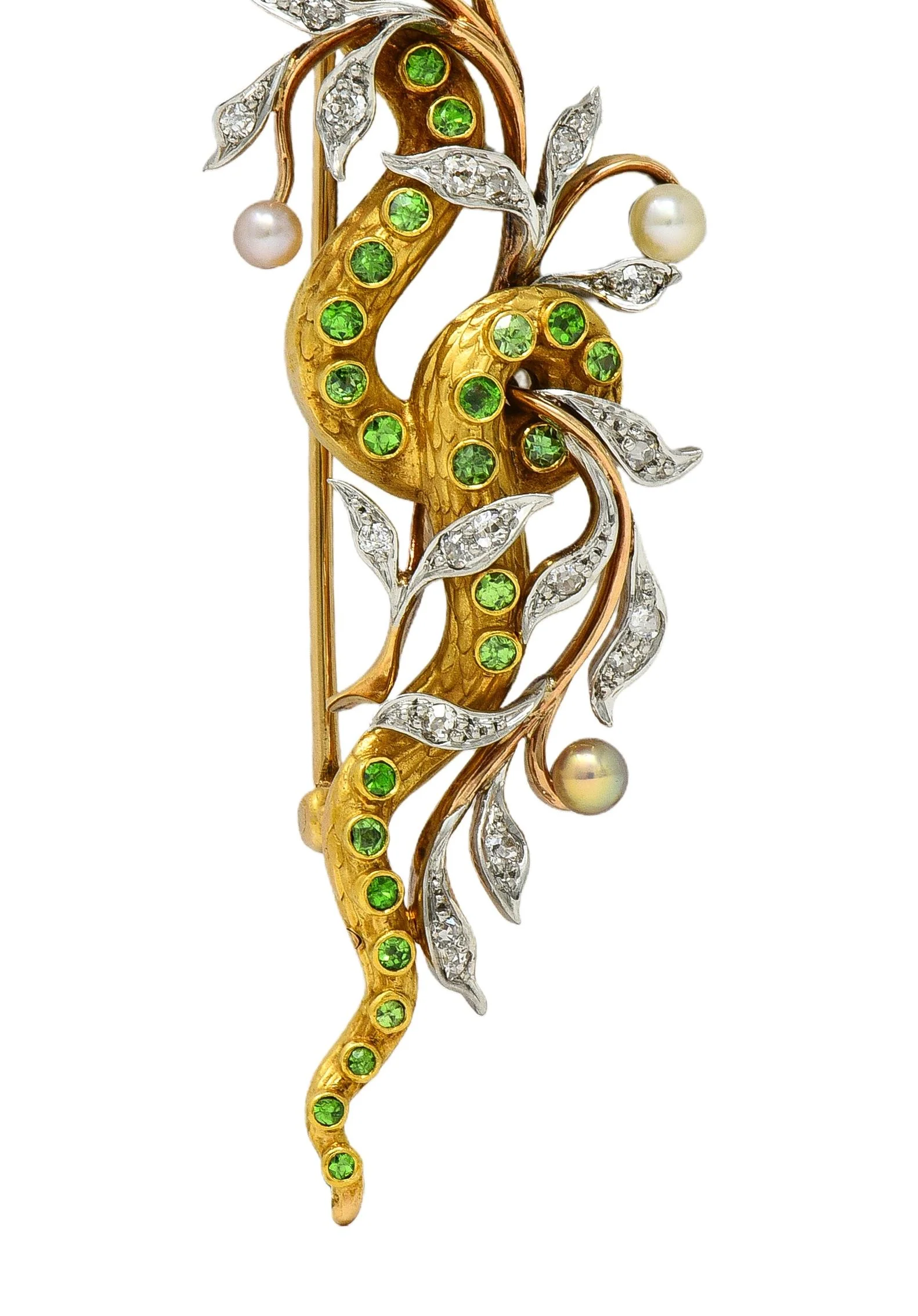 Edwardian Diamond Demantoid Garnet Pearl Platinum 14 Karat Gold Antique Snake Brooch - Image 9