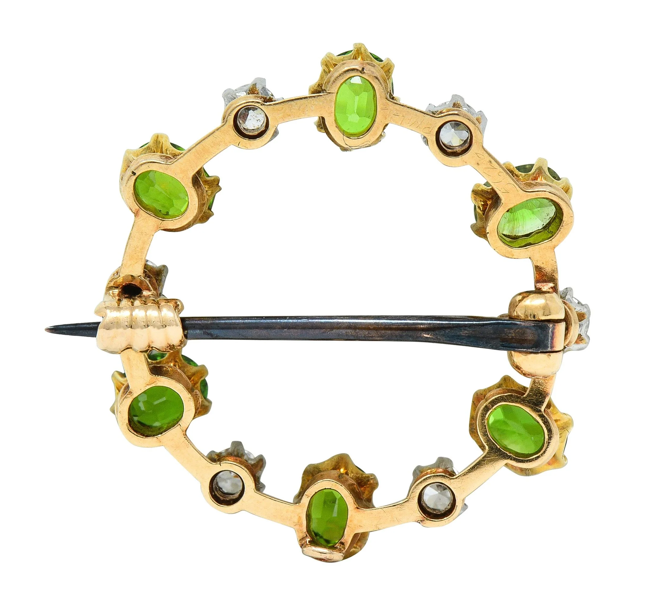 Edwardian 1.80 CTW Diamond Demantoid Garnet Platinum 14 Karat Gold Circle Brooch - Image 3