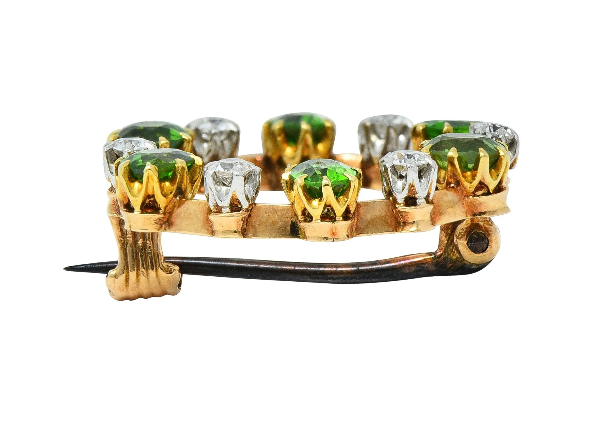 Edwardian 1.80 CTW Diamond Demantoid Garnet Platinum 14 Karat Gold Circle Brooch - Image 6