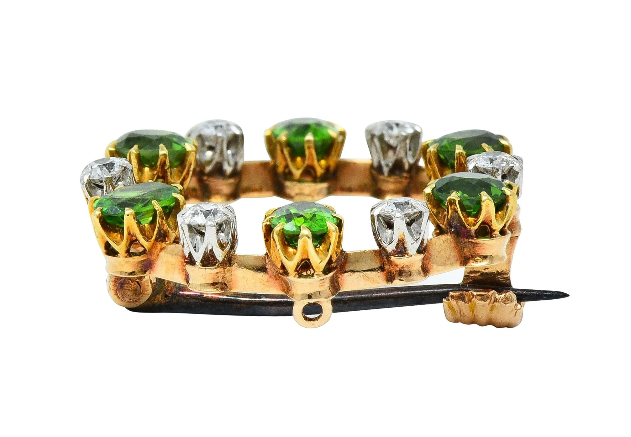 Edwardian 1.80 CTW Diamond Demantoid Garnet Platinum 14 Karat Gold Circle Brooch - Image 8
