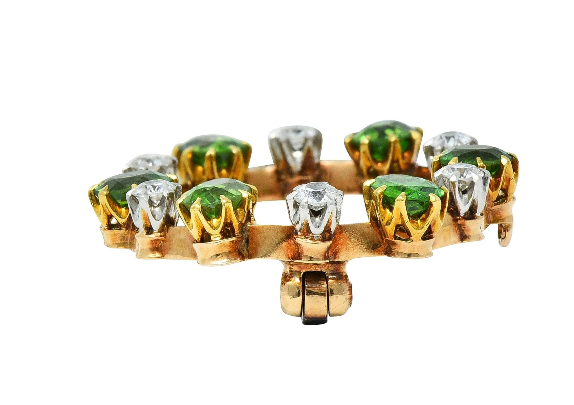 Edwardian 1.80 CTW Diamond Demantoid Garnet Platinum 14 Karat Gold Circle Brooch - Image 9
