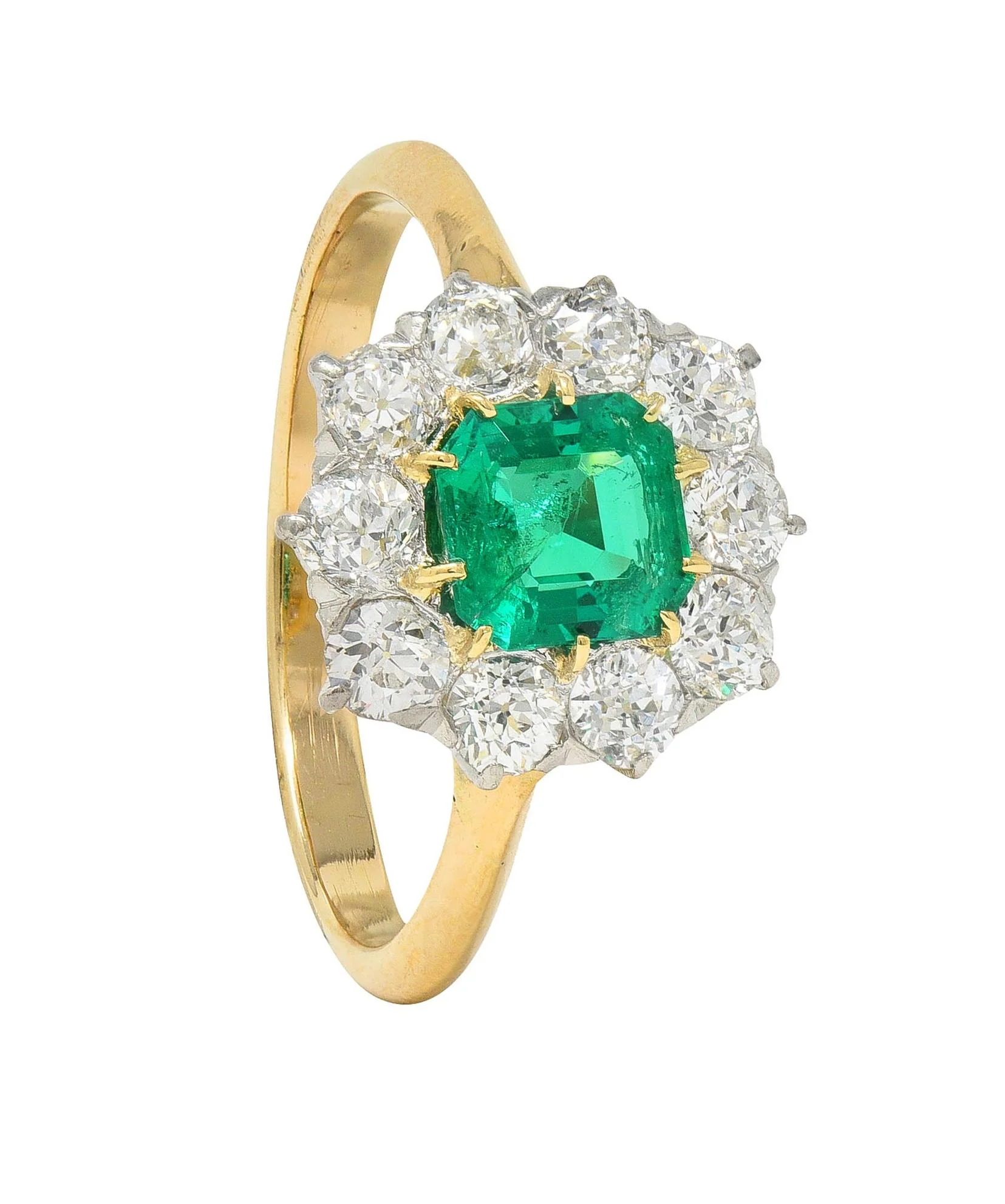 Edwardian 1.80 CTW Emerald Diamond Platinum 14 Karat Yellow Gold Antique Halo Ring - Image 10