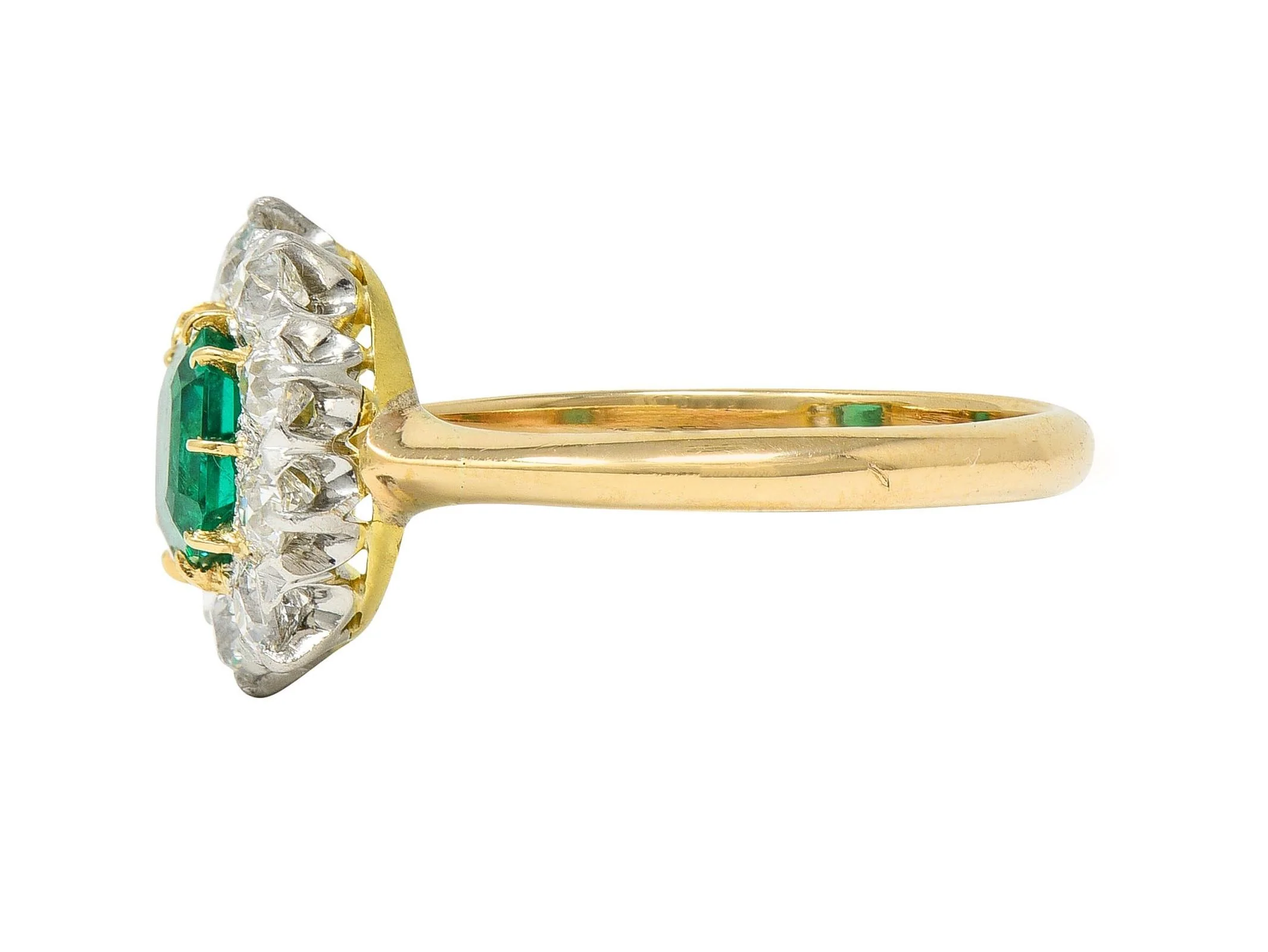 Edwardian 1.80 CTW Emerald Diamond Platinum 14 Karat Yellow Gold Antique Halo Ring - Image 5