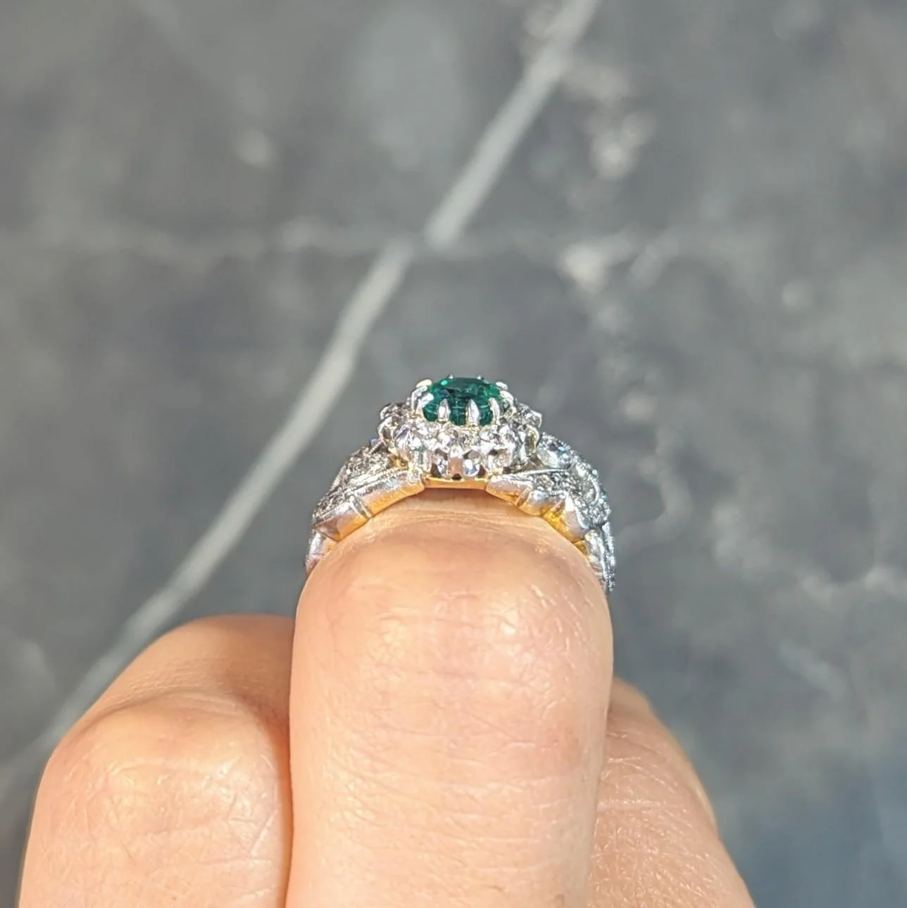 Edwardian 1.85 CTW Emerald Diamond Platinum 14 Karat Yellow Gold Scrolling Antique Halo Ring - Image 10