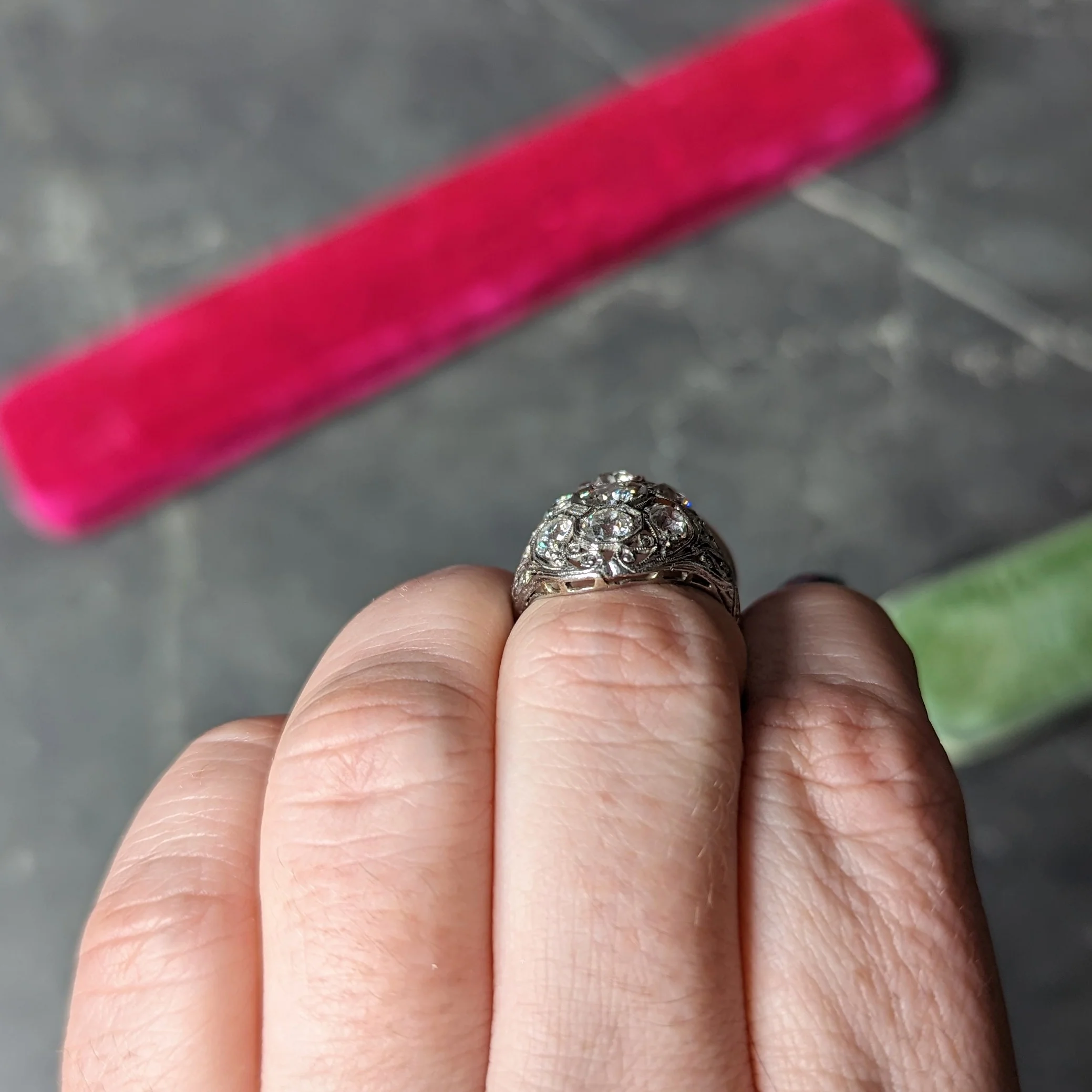 Edwardian 1.93 CTW Old European Cut Diamond Platinum Scrolling Antique Cluster Dinner Ring - Image 11
