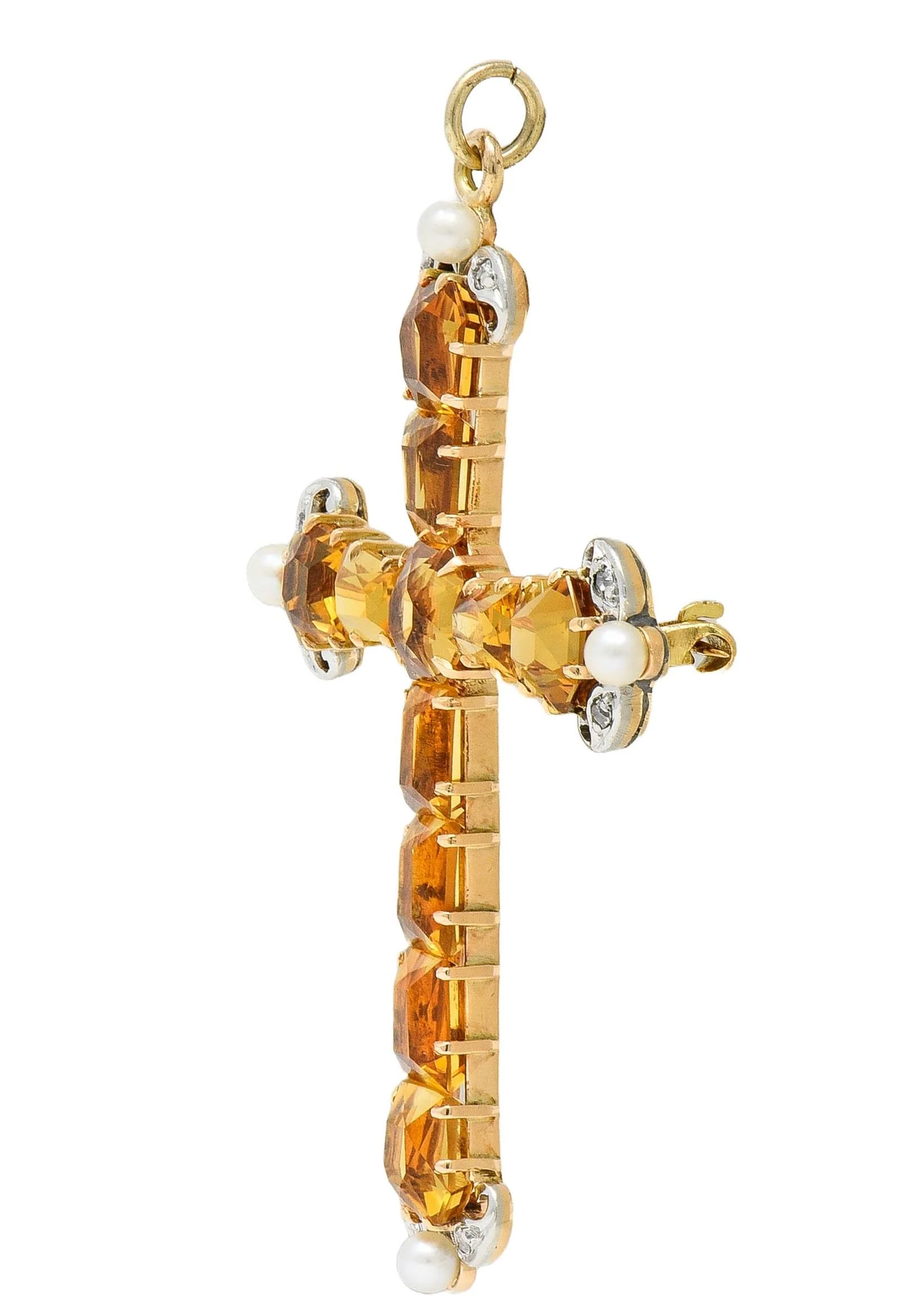 Edwardian 12.04 CTW Citrine Diamond Pearl Platinum 14 Karat Gold Antique Cross Pendant Brooch - Image 4