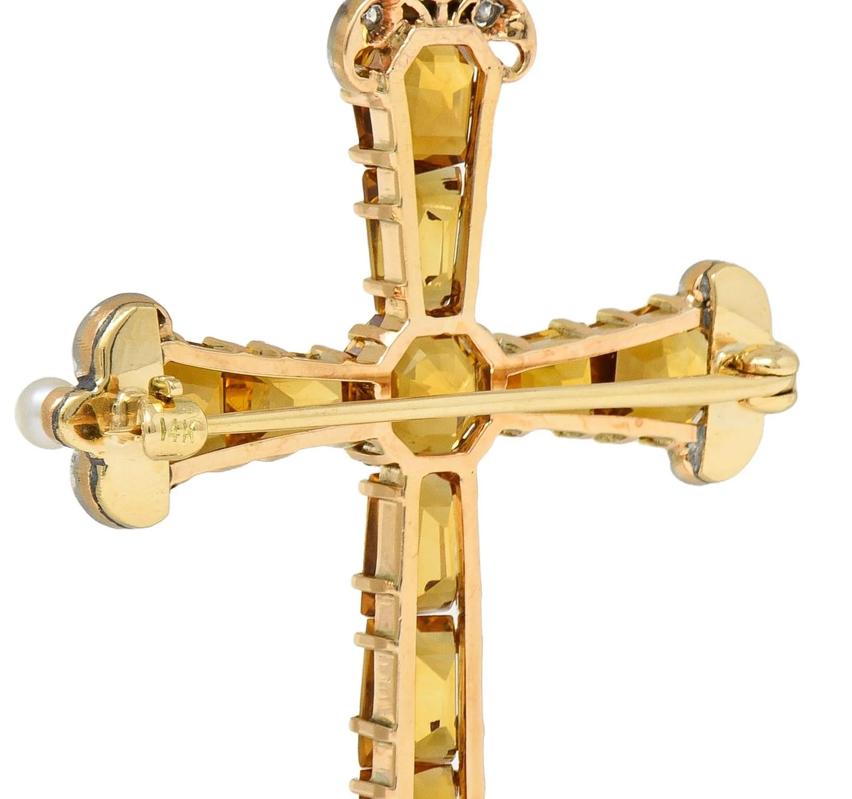 Edwardian 12.04 CTW Citrine Diamond Pearl Platinum 14 Karat Gold Antique Cross Pendant Brooch - Image 6