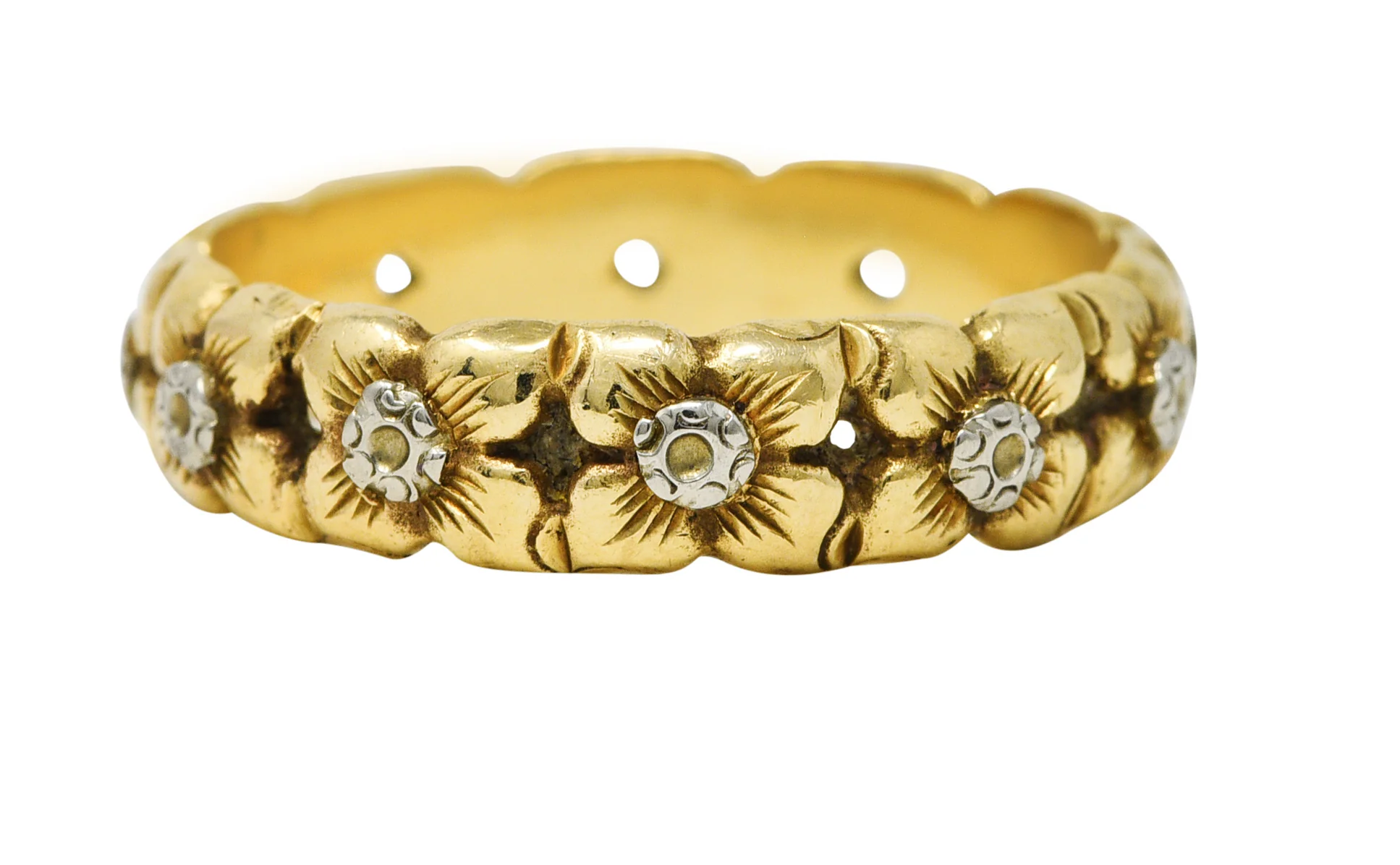 Edwardian 14 Karat Two-Tone Gold Floral Garland Antique Wedding Band Ring - Image 5