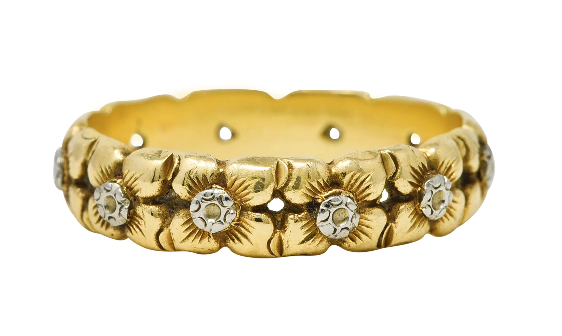 Edwardian 14 Karat Two-Tone Gold Floral Garland Antique Wedding Band Ring - Image 7