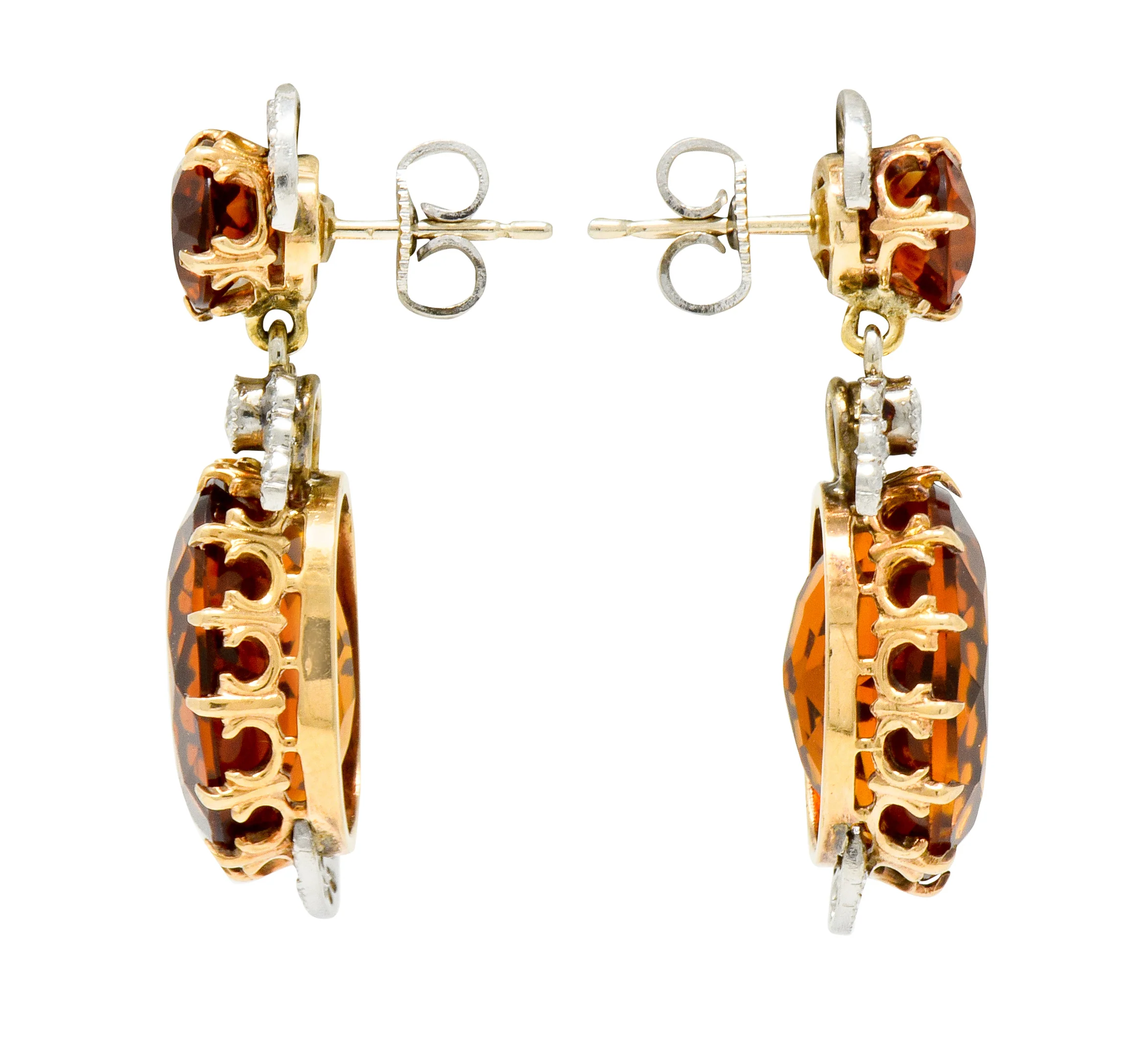 Edwardian 17.66 CTW Maderia Citrine Diamond Platinum 14 Karat Gold Drop Earrings - Image 2