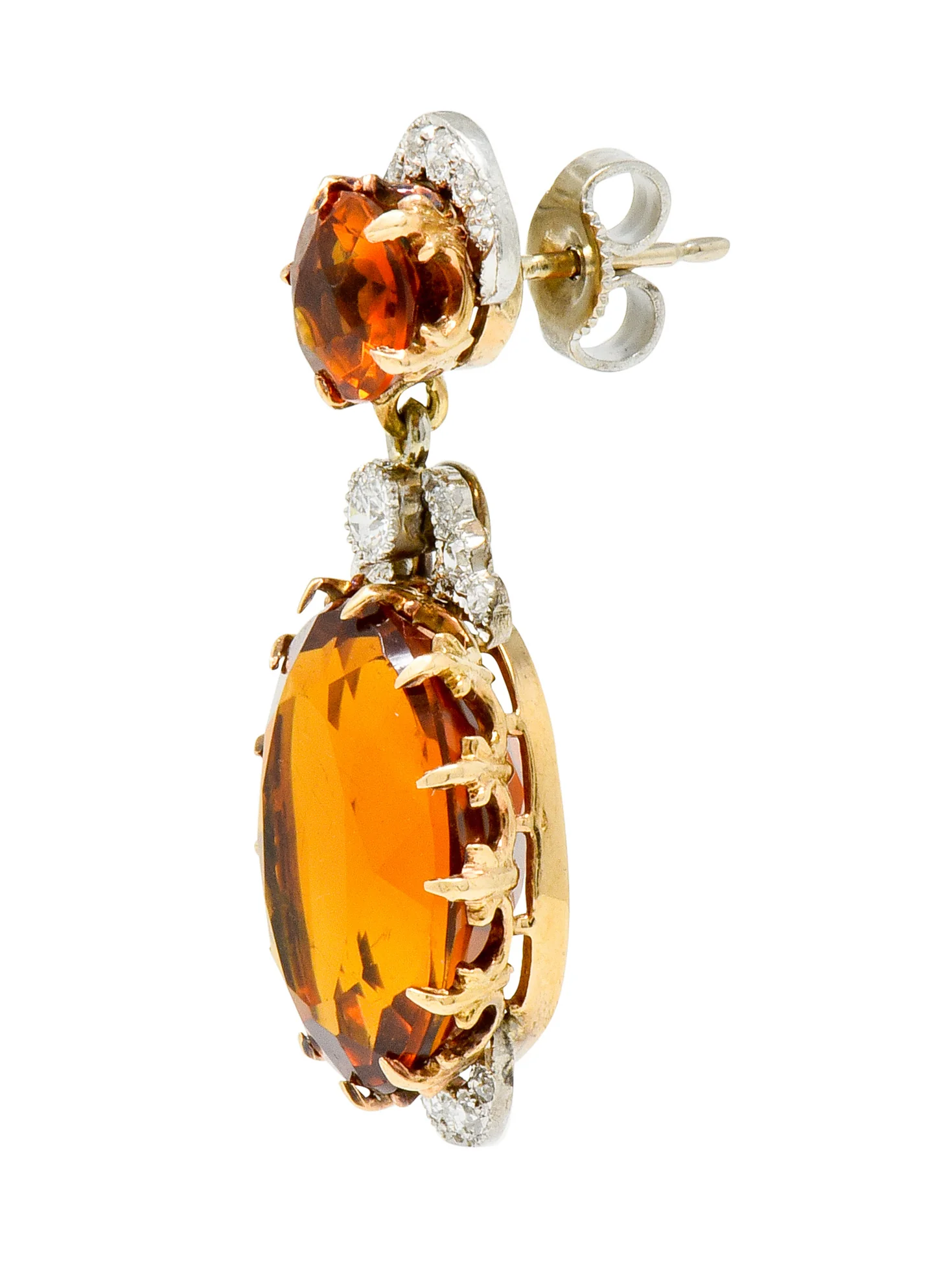 Edwardian 17.66 CTW Maderia Citrine Diamond Platinum 14 Karat Gold Drop Earrings - Image 3