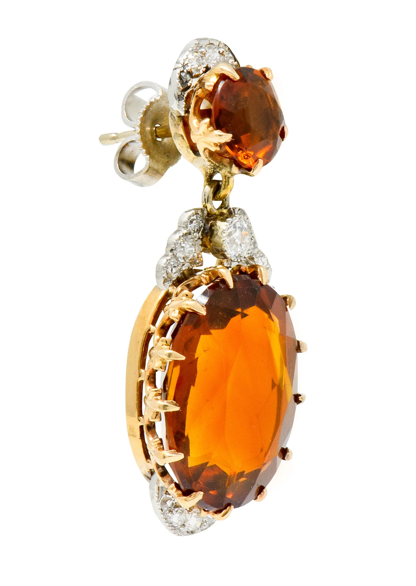 Edwardian 17.66 CTW Maderia Citrine Diamond Platinum 14 Karat Gold Drop Earrings - Image 4