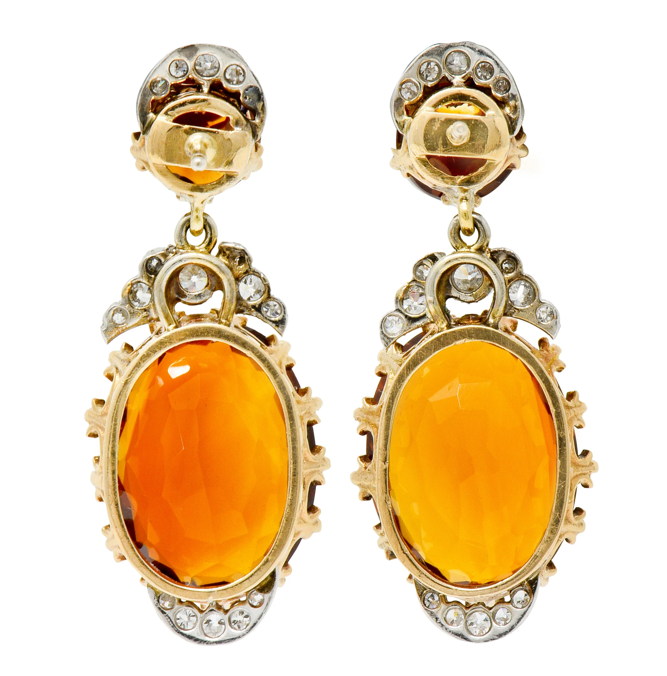 Edwardian 17.66 CTW Maderia Citrine Diamond Platinum 14 Karat Gold Drop Earrings - Image 5