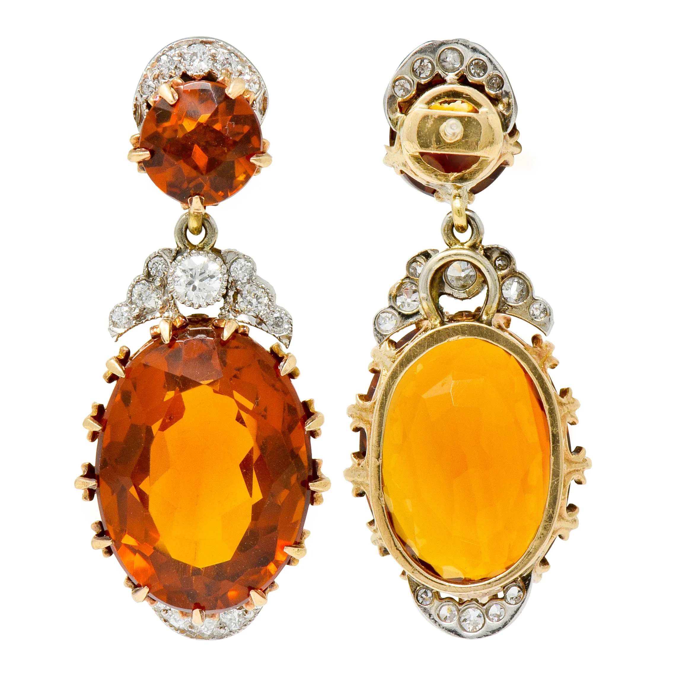 Edwardian 17.66 CTW Maderia Citrine Diamond Platinum 14 Karat Gold Drop Earrings - Image 6