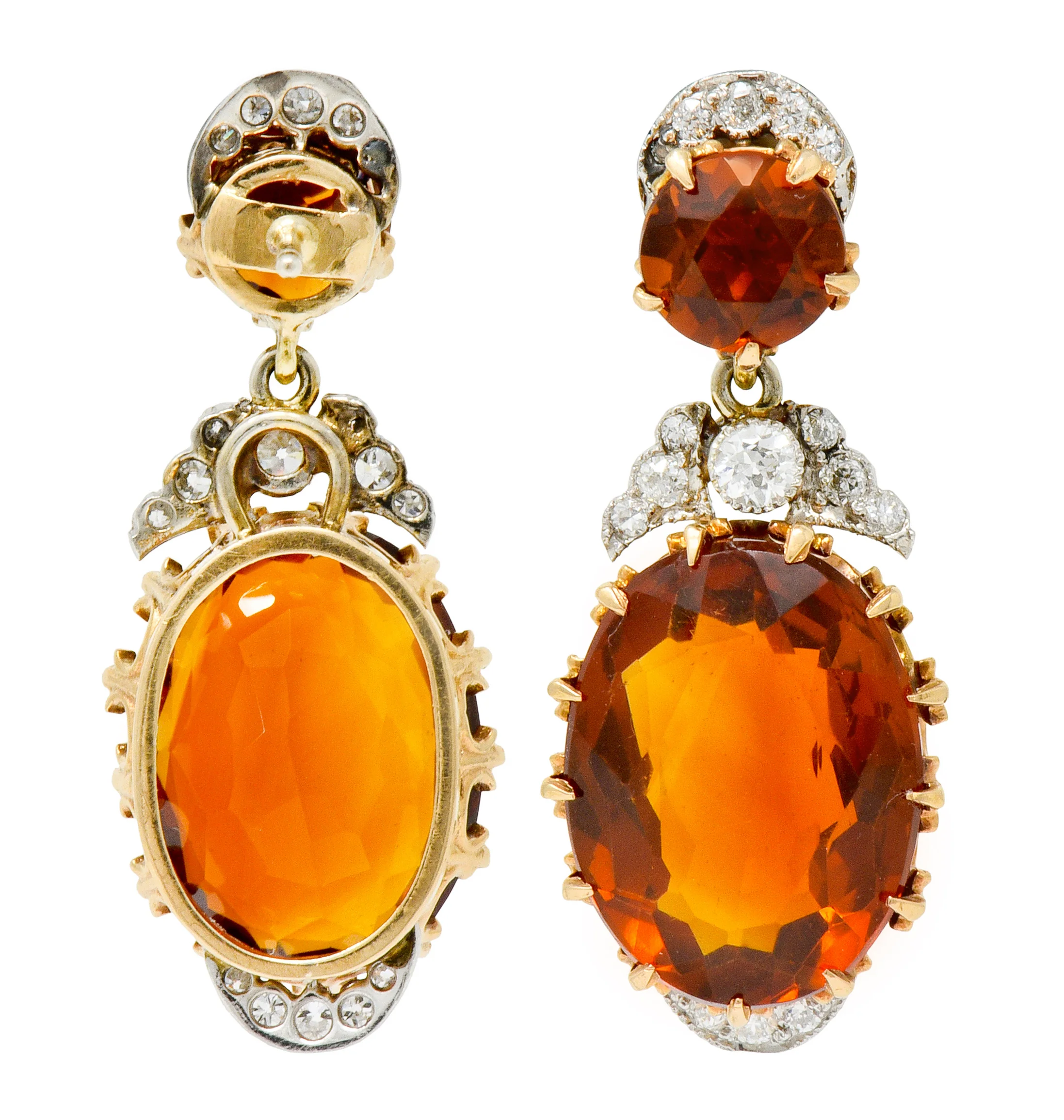 Edwardian 17.66 CTW Maderia Citrine Diamond Platinum 14 Karat Gold Drop Earrings - Image 7