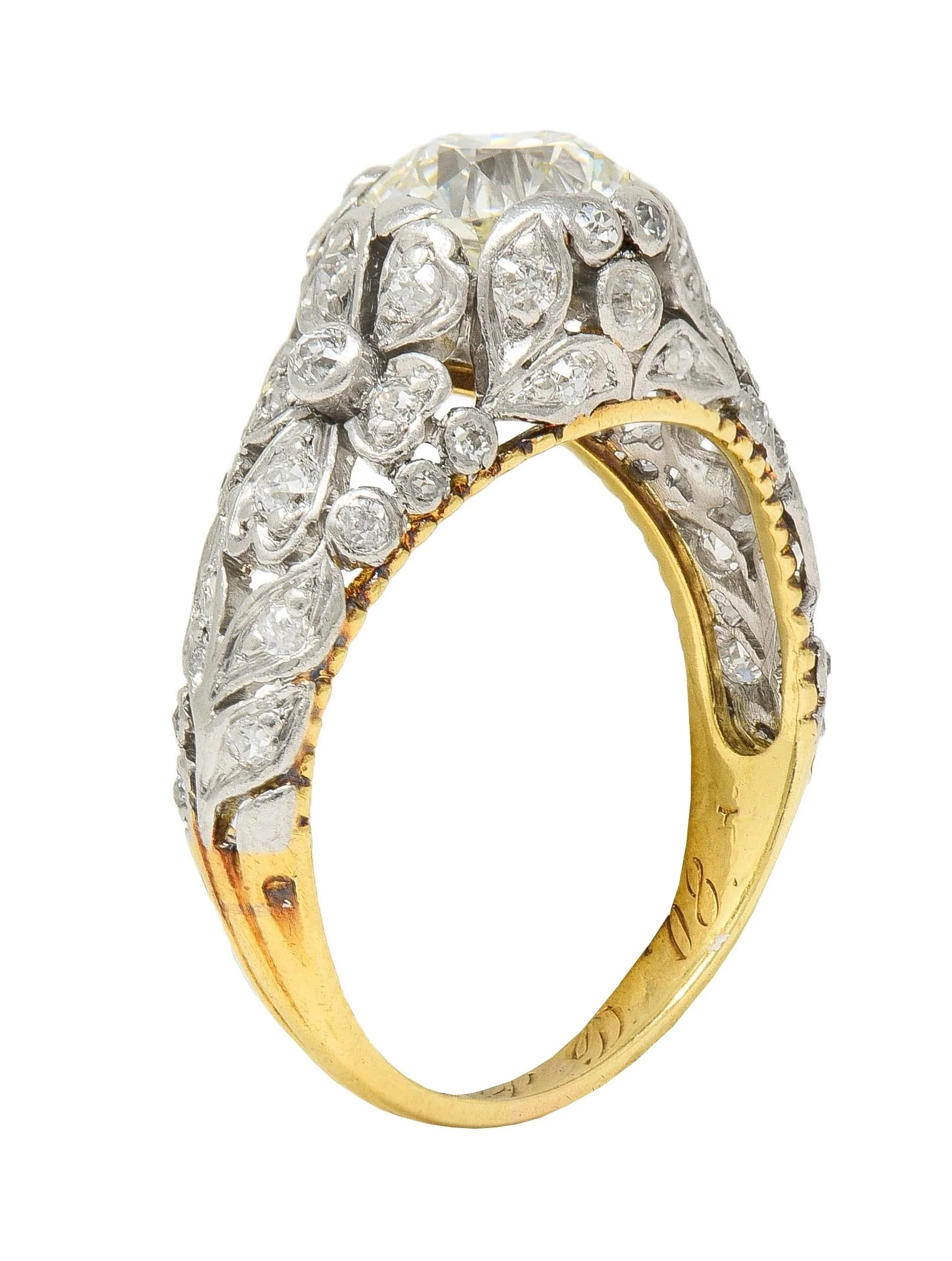 Edwardian 1908 1.74 CTW Diamond Platinum 18 Karat Gold Antique Floral Engagement Ring - Image 13