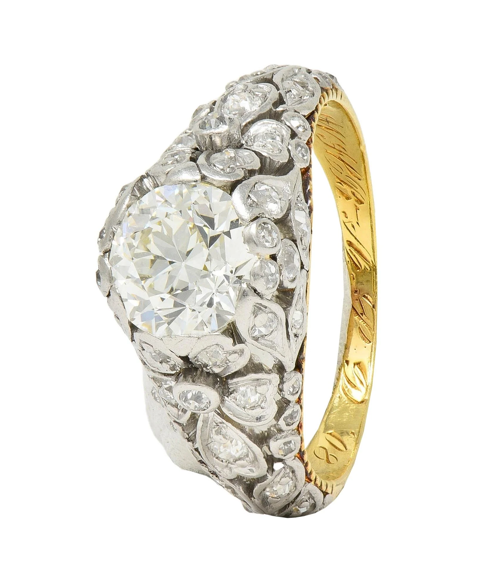 Edwardian 1908 1.74 CTW Diamond Platinum 18 Karat Gold Antique Floral Engagement Ring - Image 14