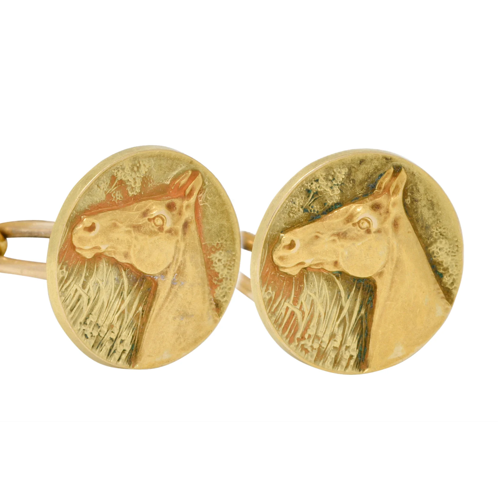Edwardian 1908 14 Karat Two-Tone Gold Horse Antique Cufflinks - Image 4