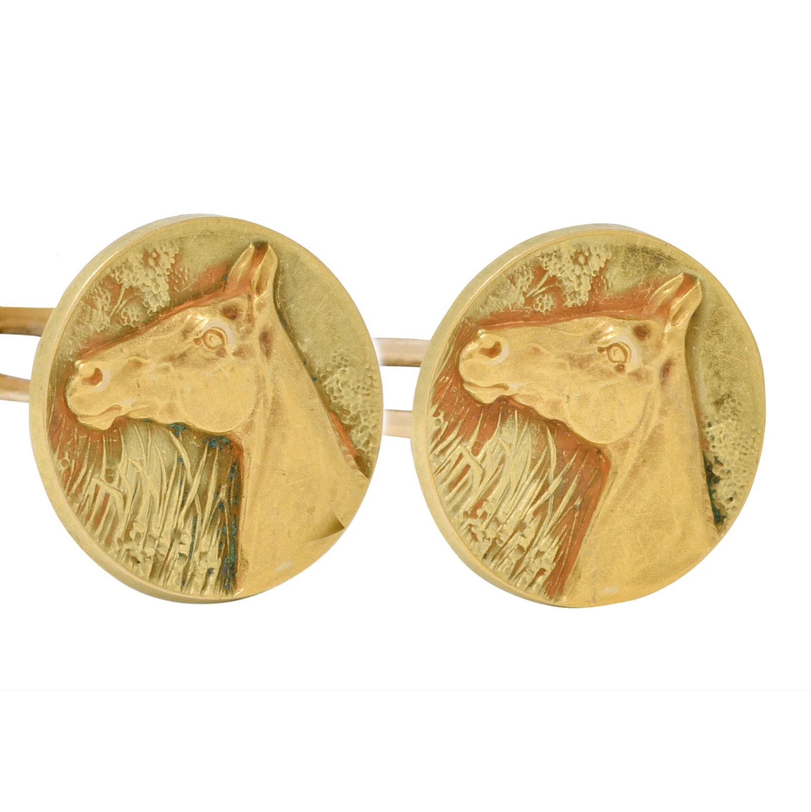 Edwardian 1908 14 Karat Two-Tone Gold Horse Antique Cufflinks - Image 5