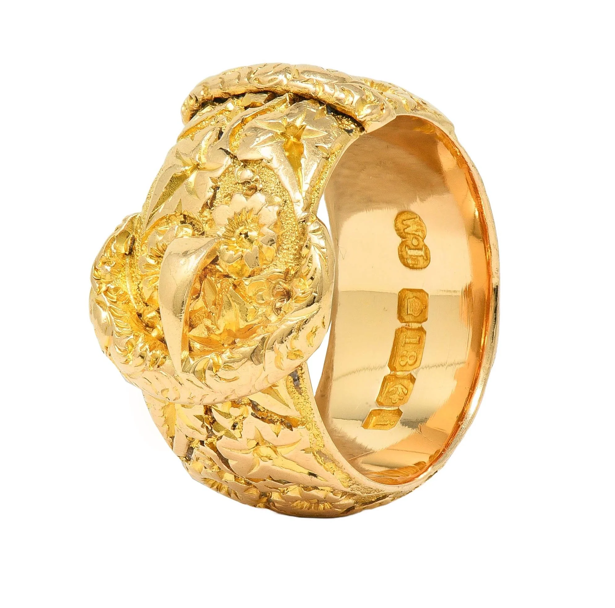Edwardian 1908 18 Karat Yellow Gold Antique Floral Buckle Band Ring - Image 3