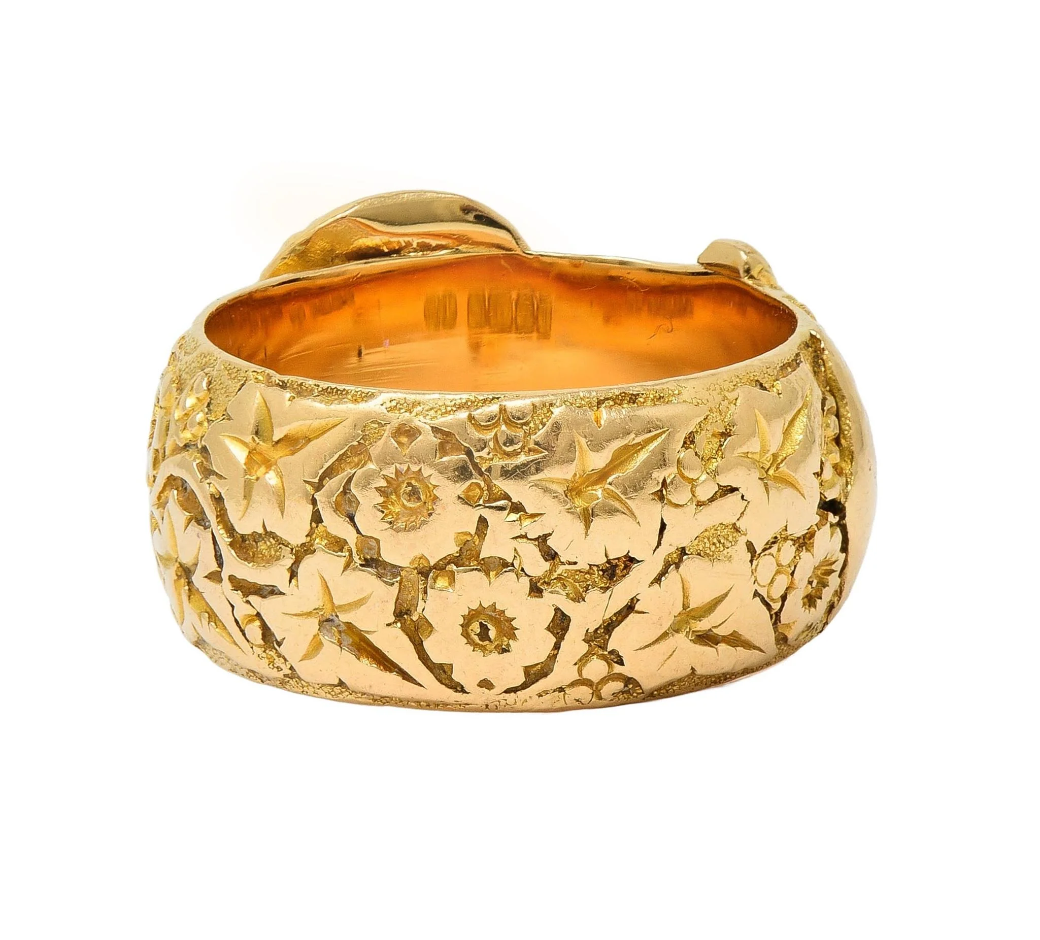 Edwardian 1908 18 Karat Yellow Gold Antique Floral Buckle Band Ring - Image 4