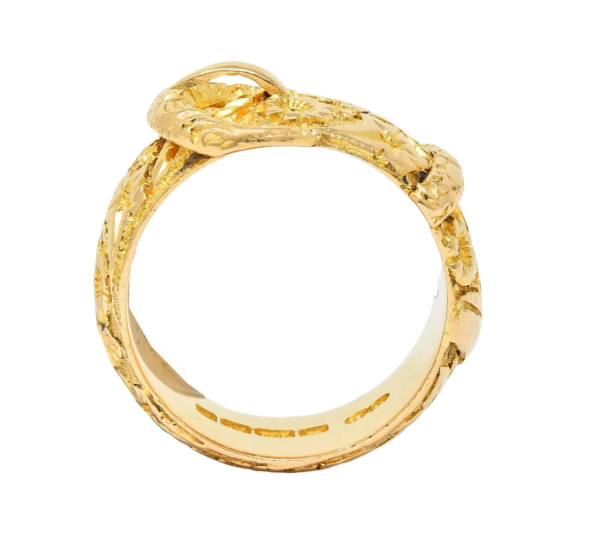 Edwardian 1908 18 Karat Yellow Gold Antique Floral Buckle Band Ring - Image 6