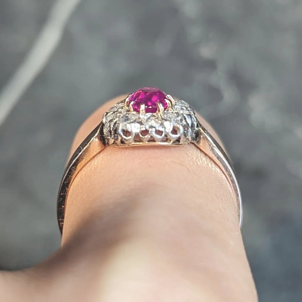 Edwardian 2.00 CTW No Heat Burma Pink Sapphire Diamond Platinum 14 Karat Rose Gold Halo Antique Ring GIA - Image 14